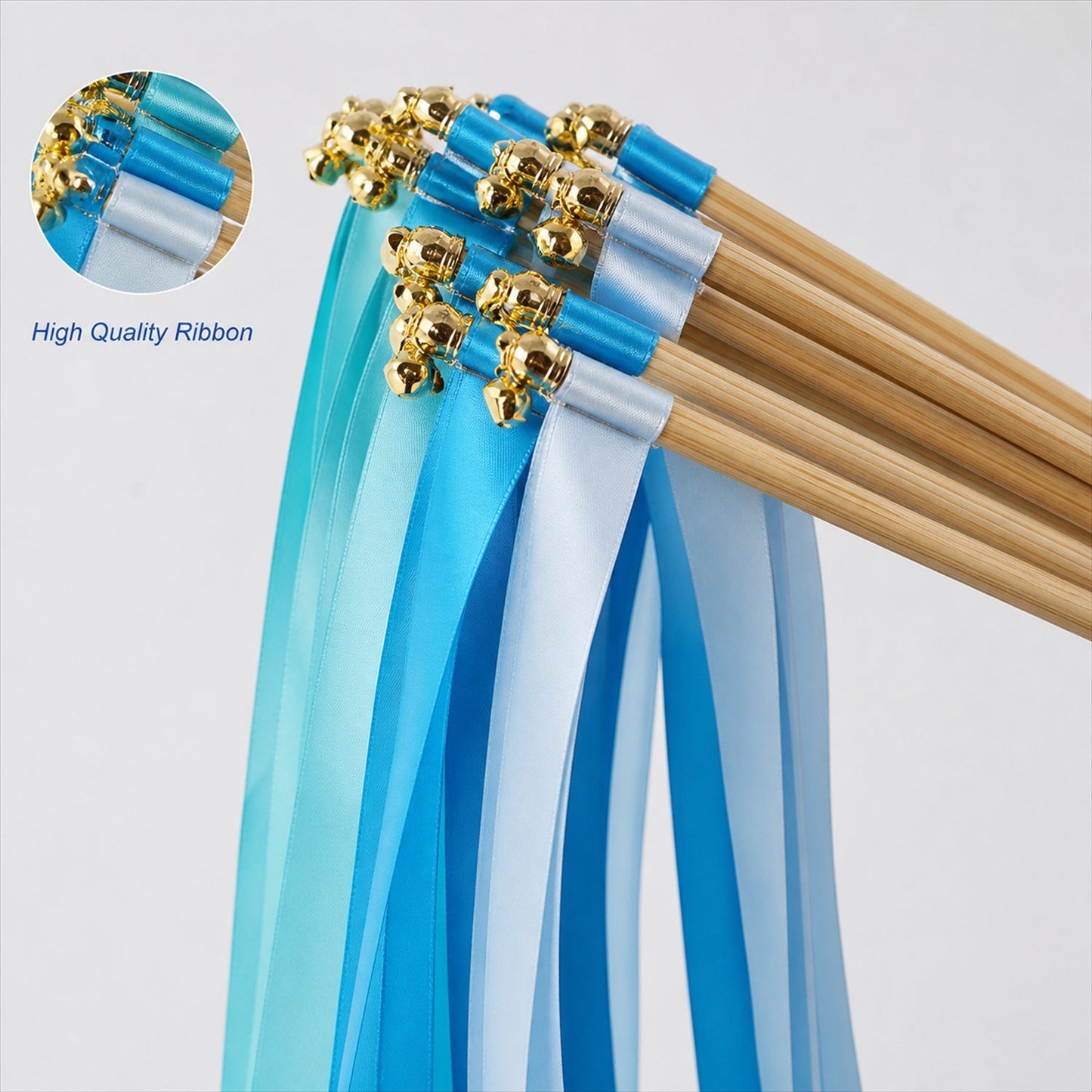 Handmade Aqua, Cyan & Blue Satin Wedding Ribbon Wands with Bell