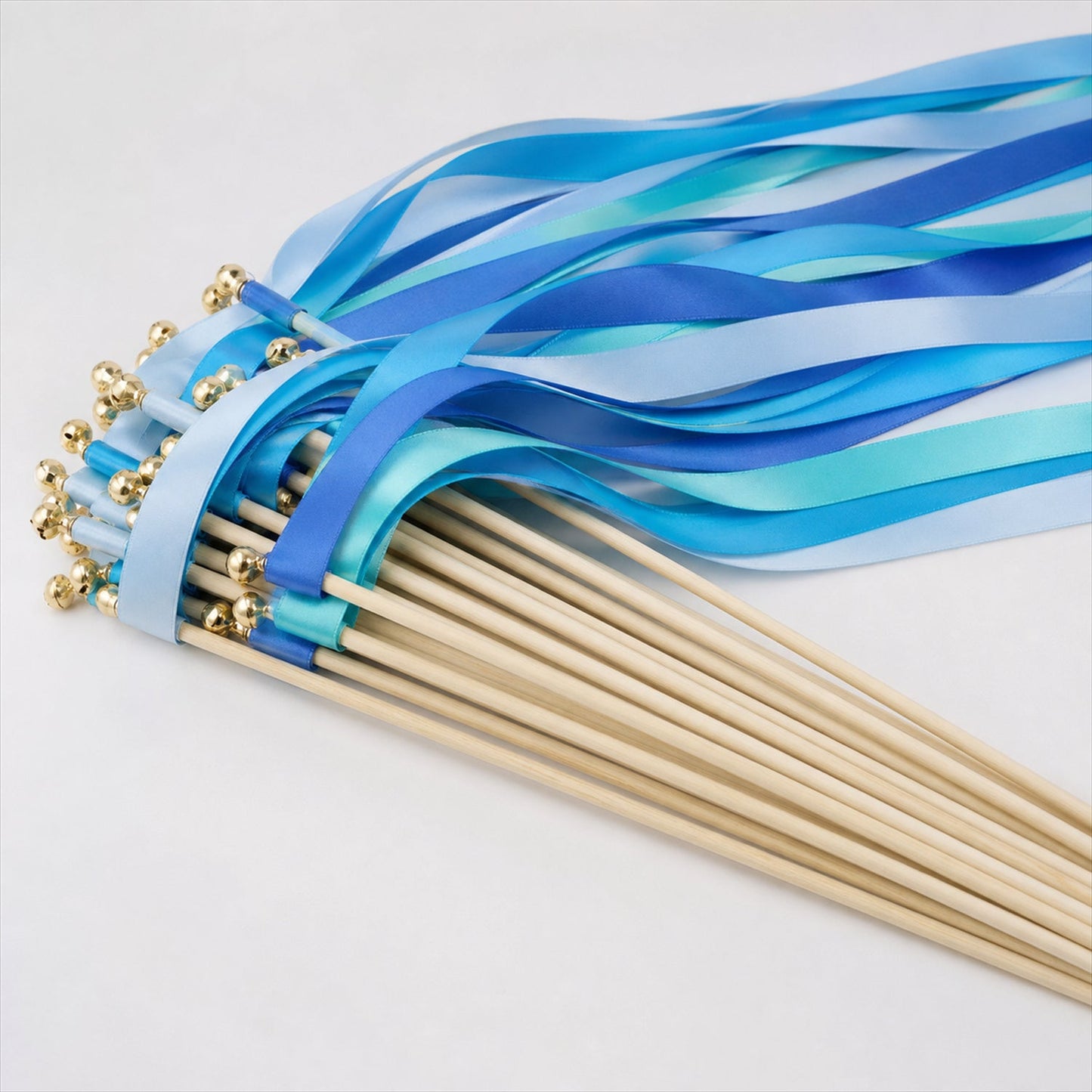 Handmade Aqua, Cyan & Blue Satin Wedding Ribbon Wands with Bell
