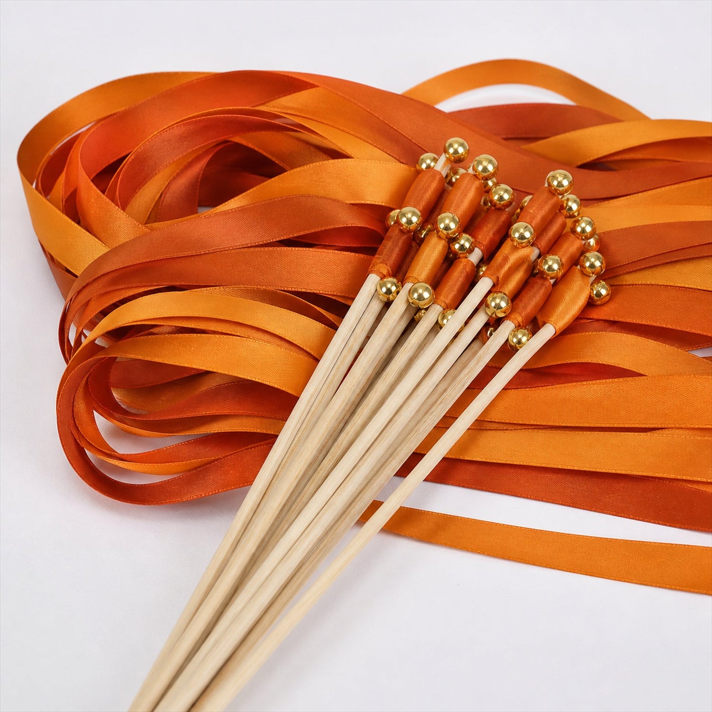 Handmade Burnt Orange & Copper Satin Wedding Ribbon Wands with Bell