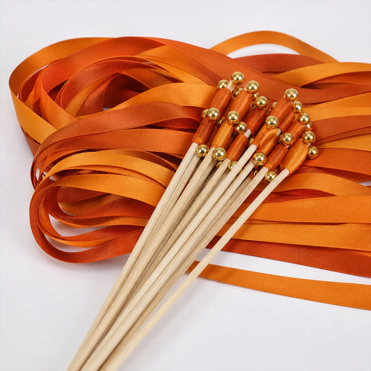 Handmade Burnt Orange & Copper Satin Wedding Ribbon Wands with Bell