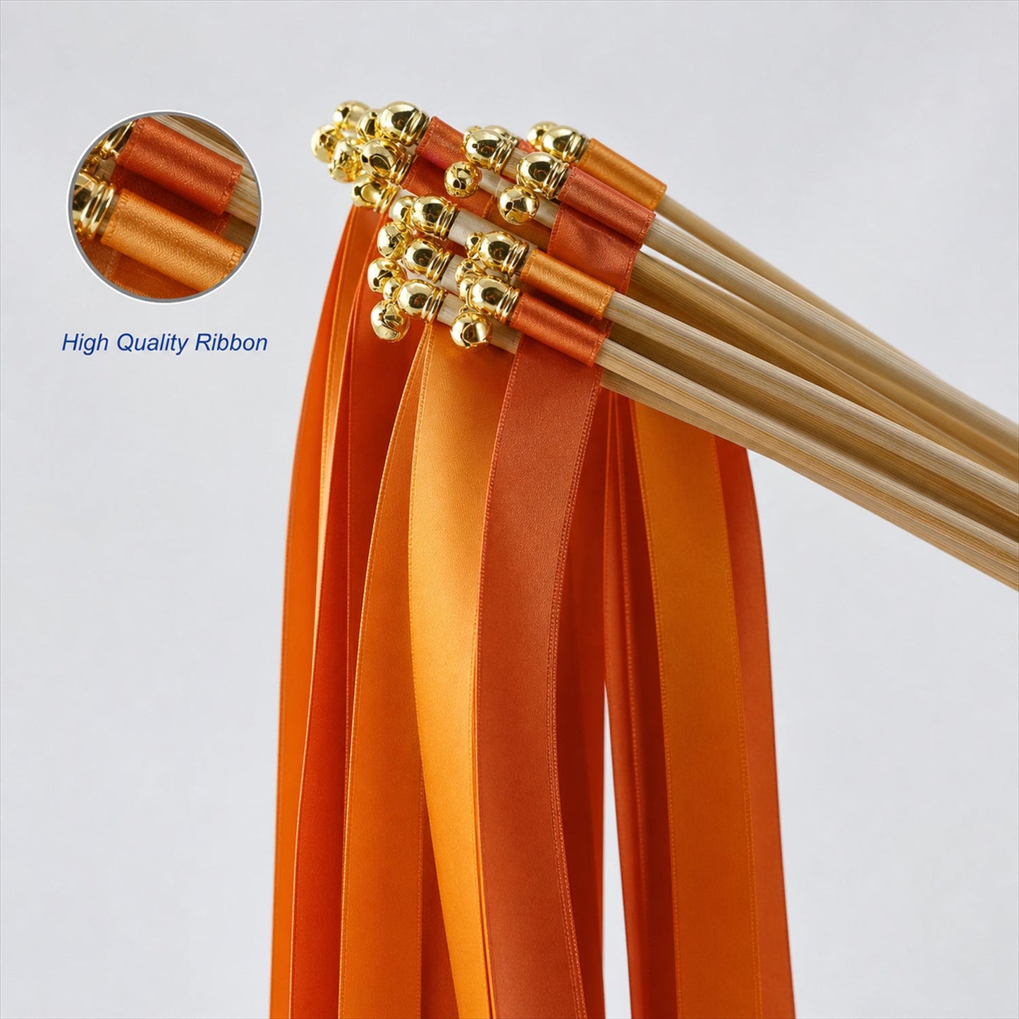 Handmade Burnt Orange & Copper Satin Wedding Ribbon Wands with Bell