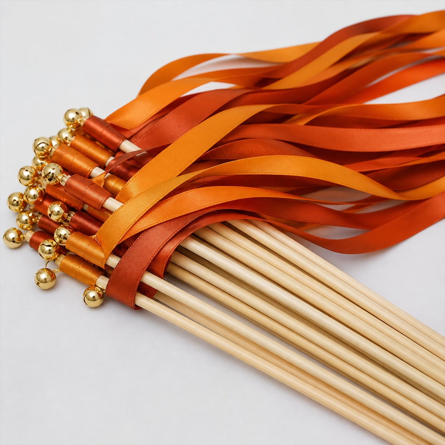 Handmade Burnt Orange & Copper Satin Wedding Ribbon Wands with Bell