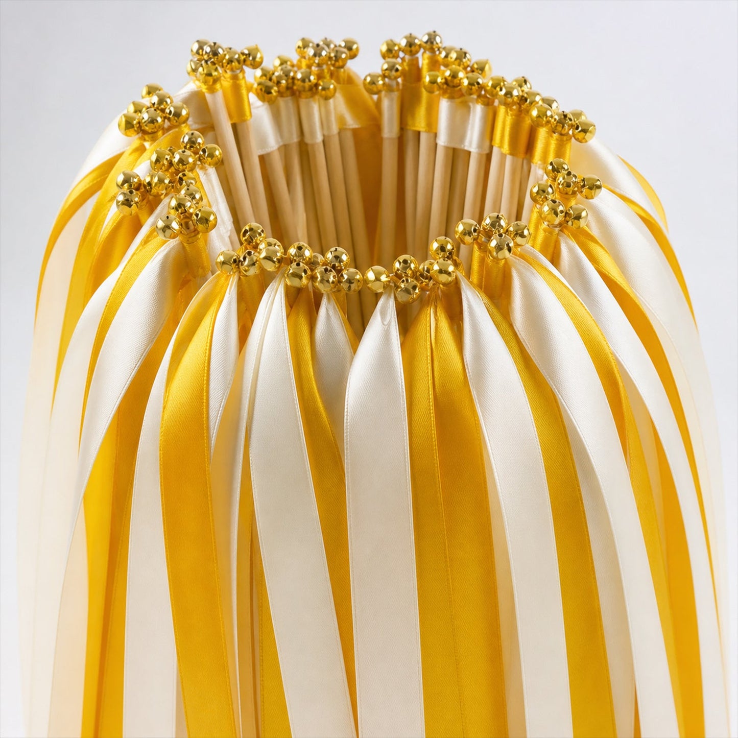 Handmade Golden Yellow & White Satin Wedding Ribbon Wands with Bell
