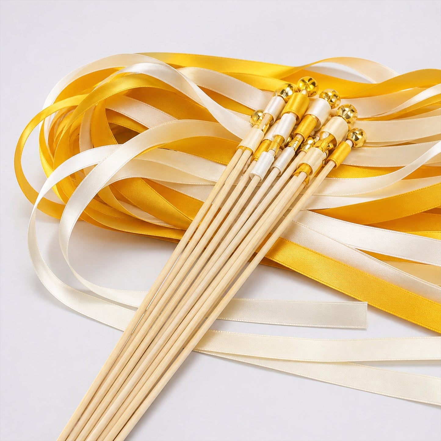 Handmade Golden Yellow & White Satin Wedding Ribbon Wands with Bell
