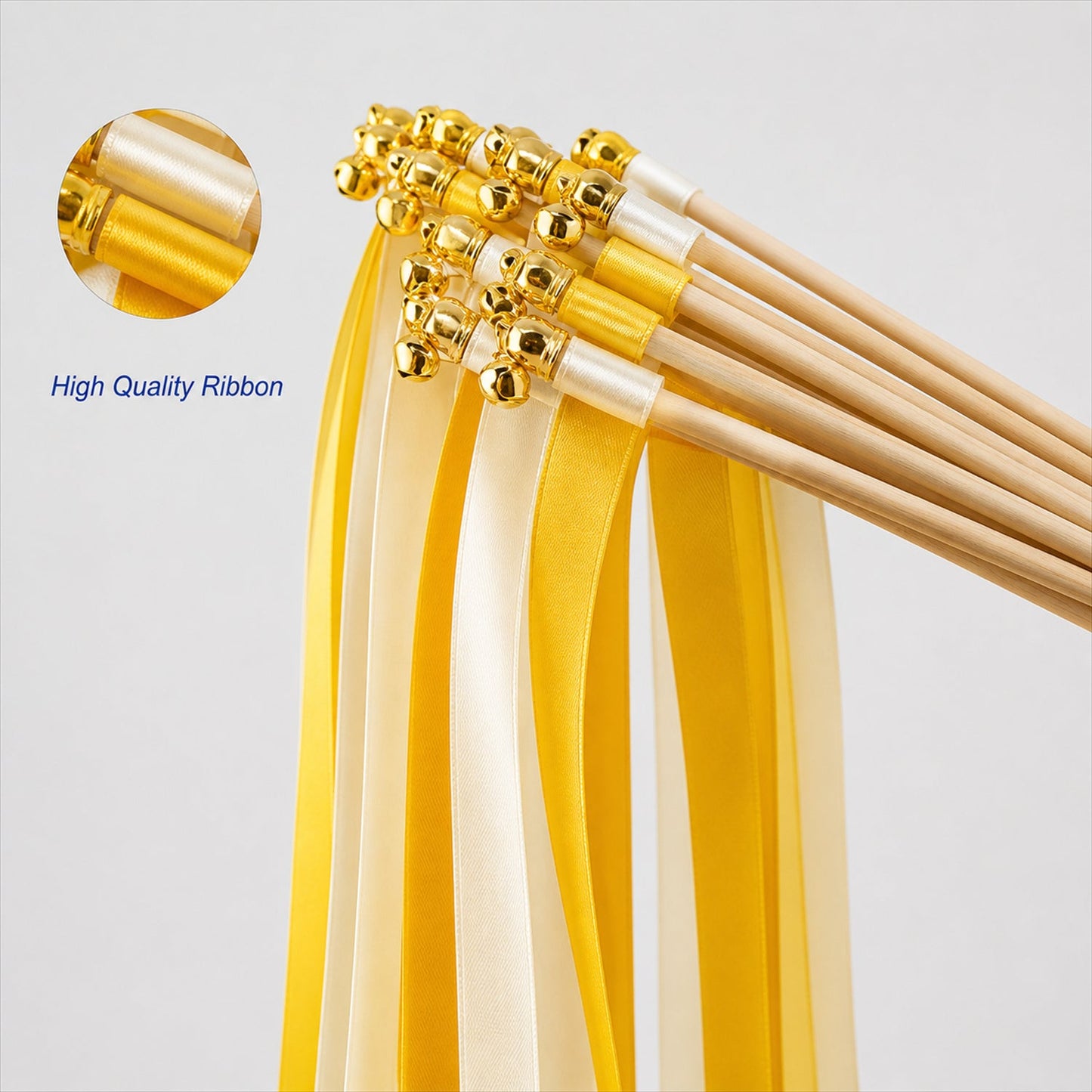 Handmade Golden Yellow & White Satin Wedding Ribbon Wands with Bell