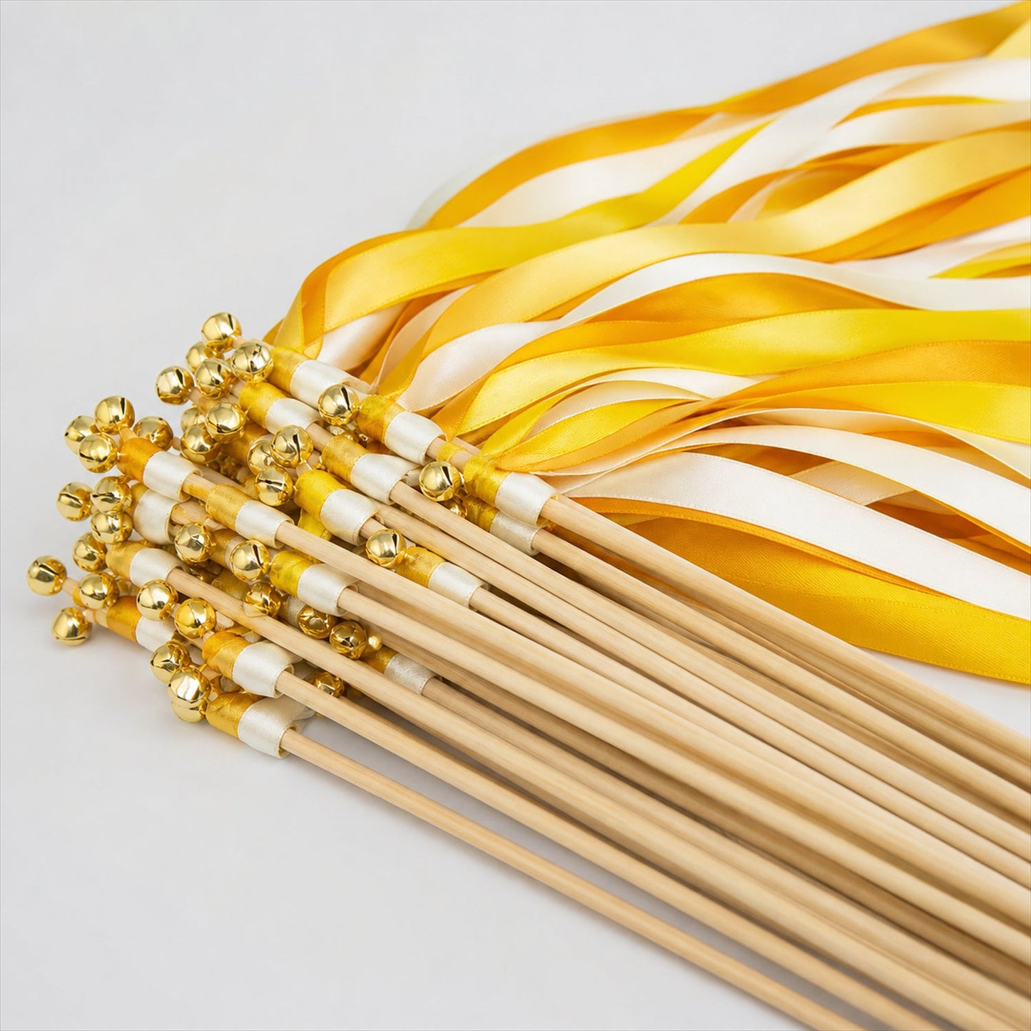 Handmade Golden Yellow & White Satin Wedding Ribbon Wands with Bell