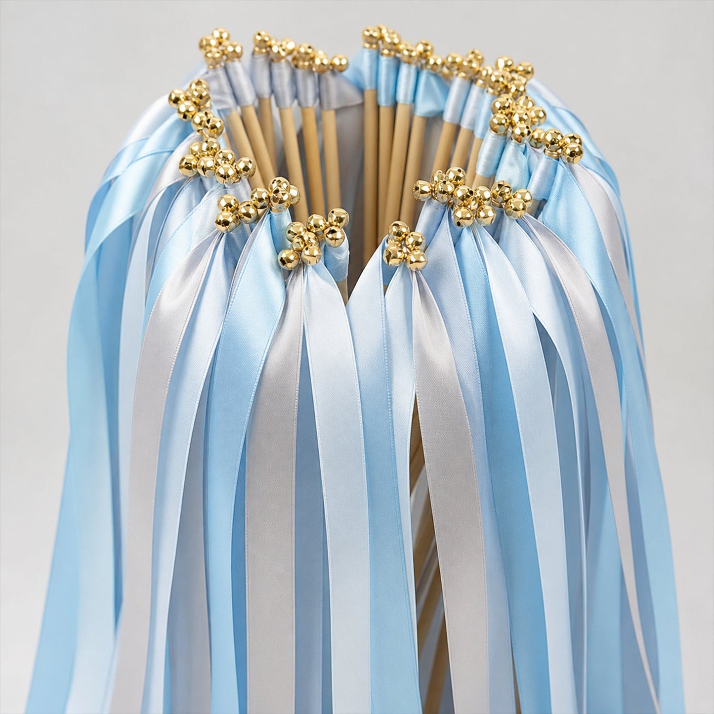 Handmade Light Blue, Silver Gray & White Satin Wedding Ribbon Wands with Bell