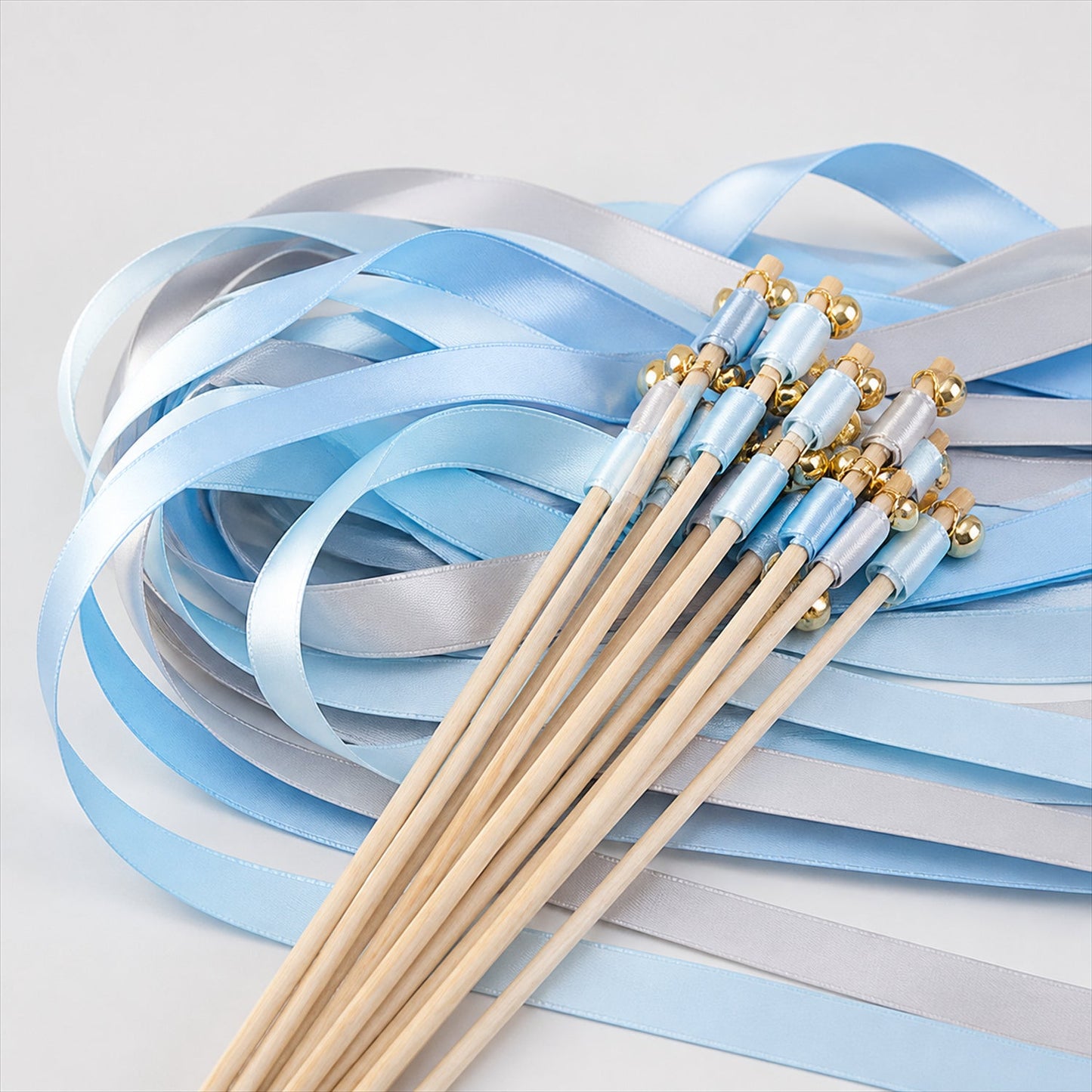 Handmade Light Blue, Silver Gray & White Satin Wedding Ribbon Wands with Bell