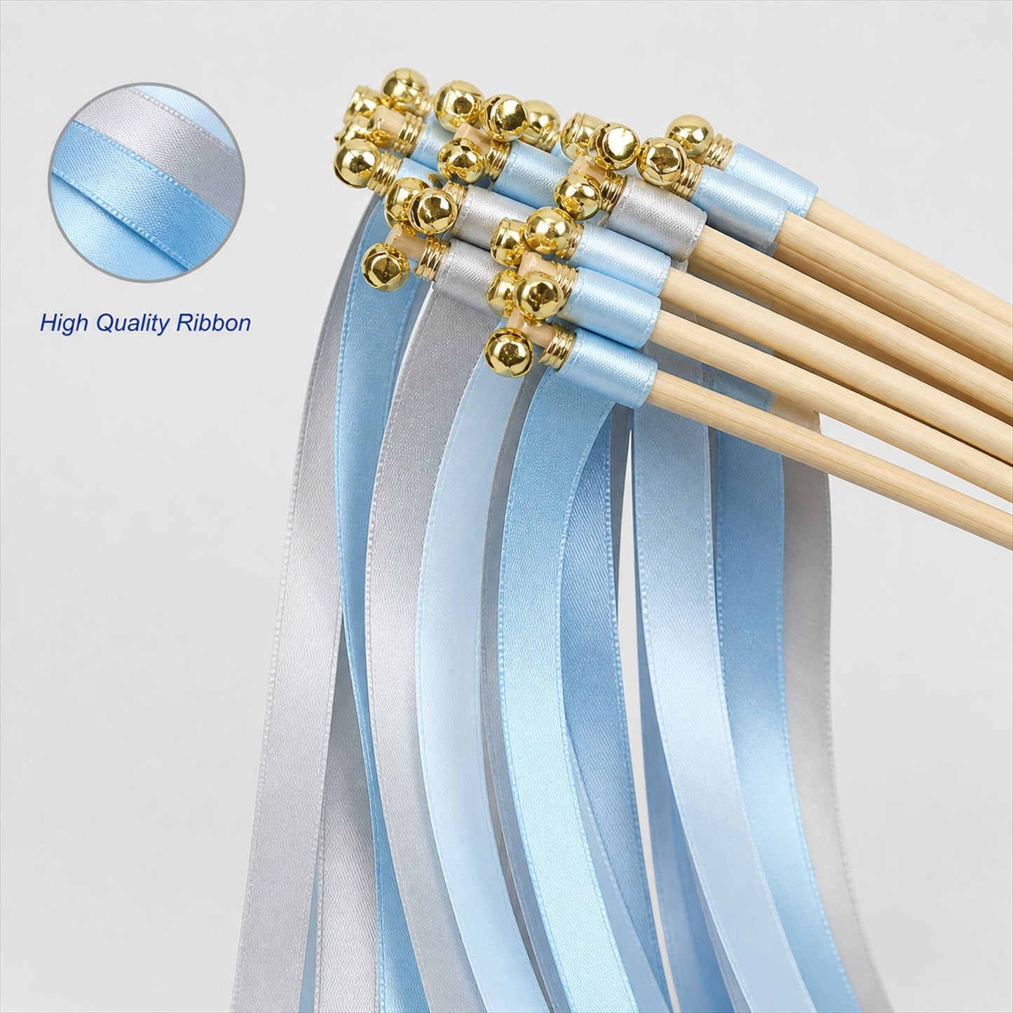 Handmade Light Blue, Silver Gray & White Satin Wedding Ribbon Wands with Bell