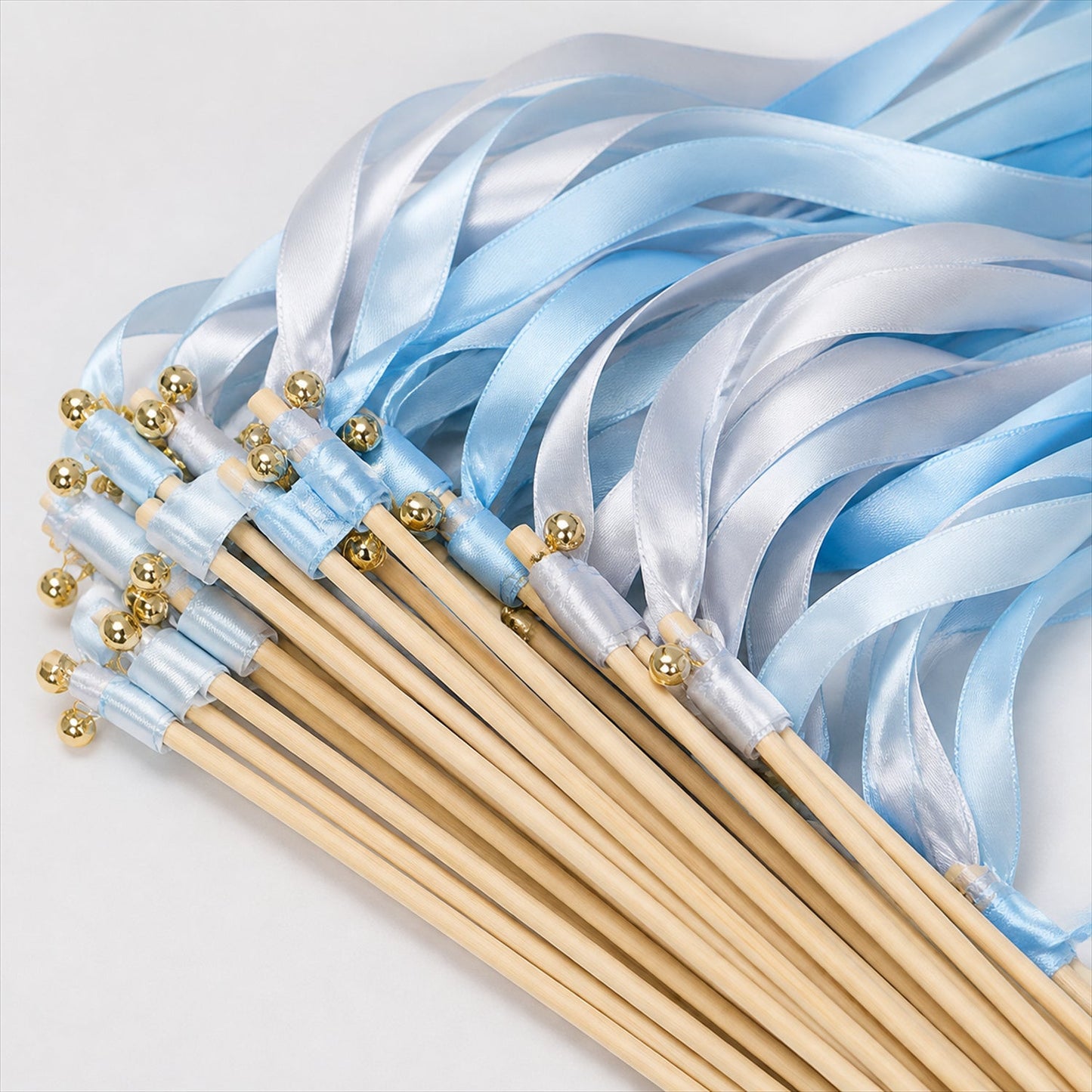 Handmade Light Blue, Silver Gray & White Satin Wedding Ribbon Wands with Bell