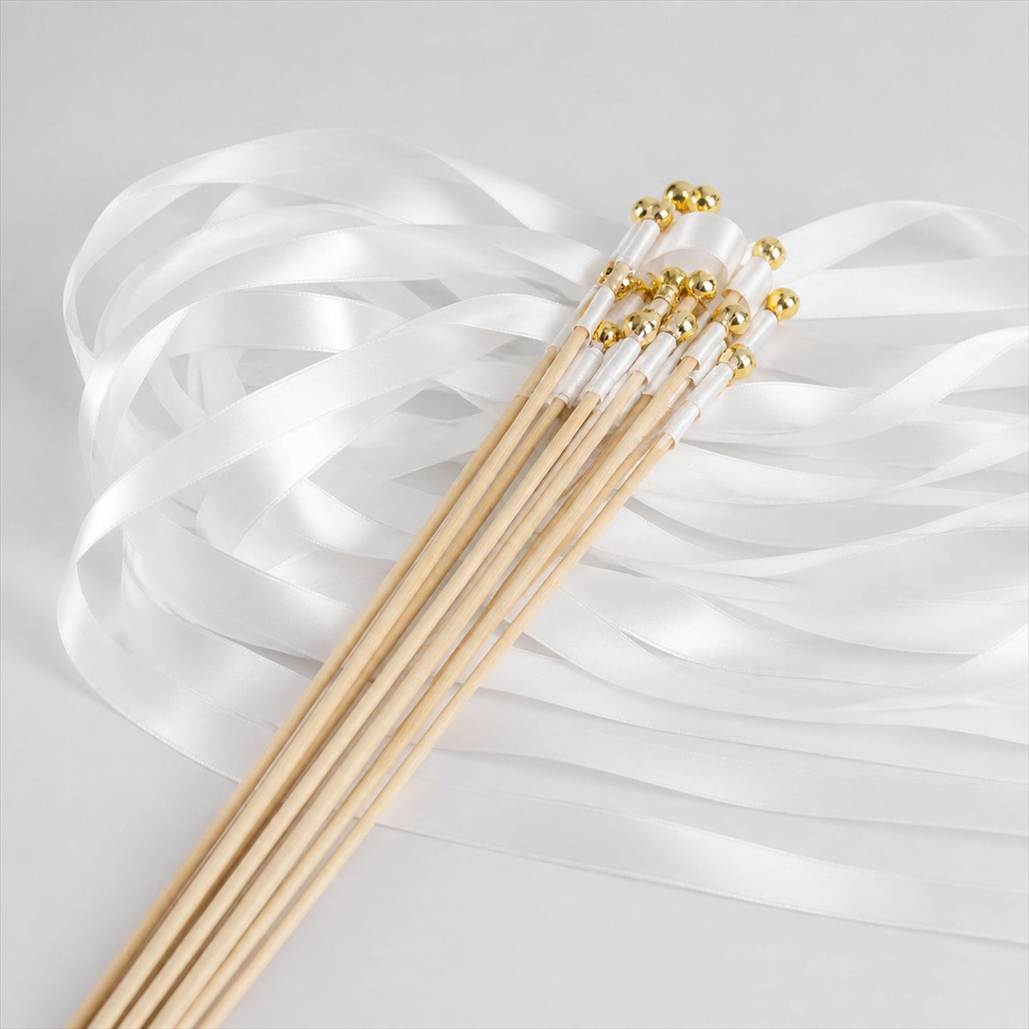 Handmade Pure White Satin Wedding Ribbon Wands with Bell