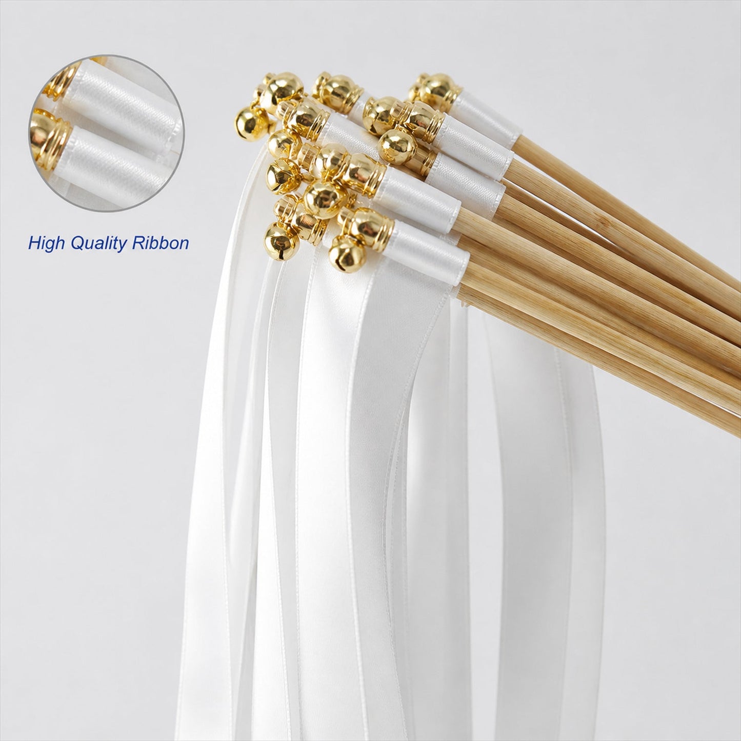 Handmade Pure White Satin Wedding Ribbon Wands with Bell