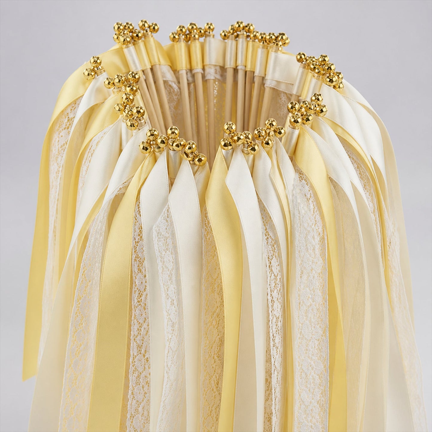 Handmade Butter Yellow & Ivory Satin & Lace Wedding Ribbon Wands with Bell