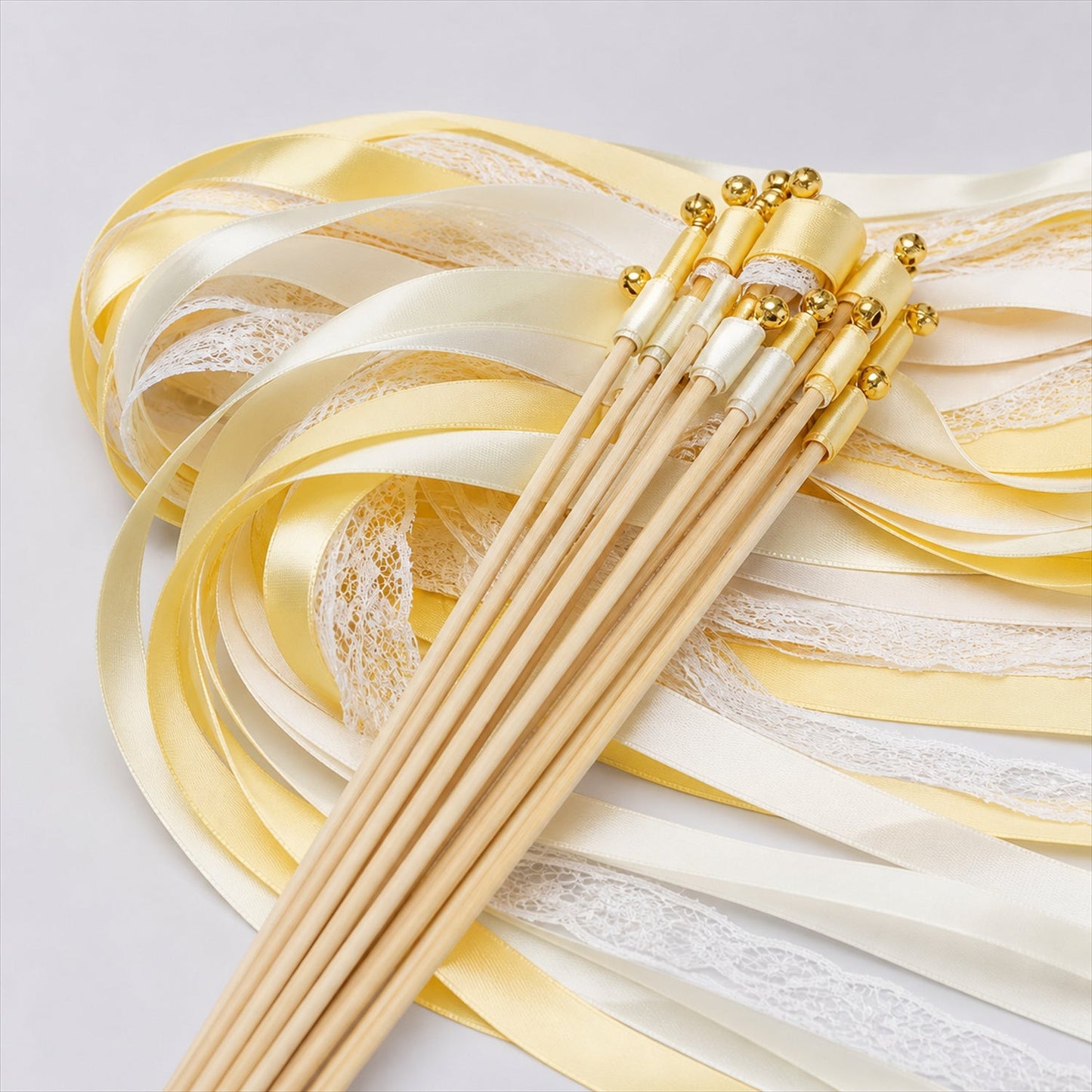 Handmade Butter Yellow & Ivory Satin & Lace Wedding Ribbon Wands with Bell