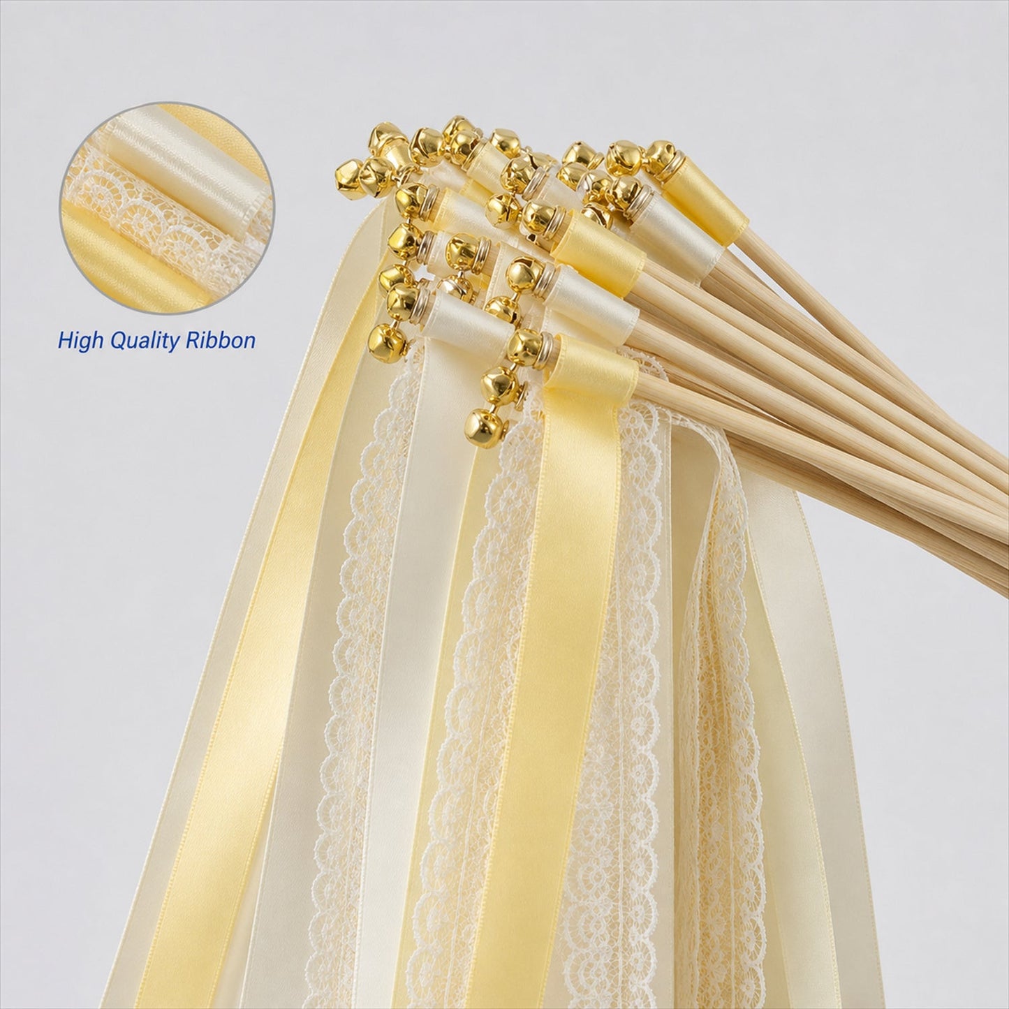 Handmade Butter Yellow & Ivory Satin & Lace Wedding Ribbon Wands with Bell