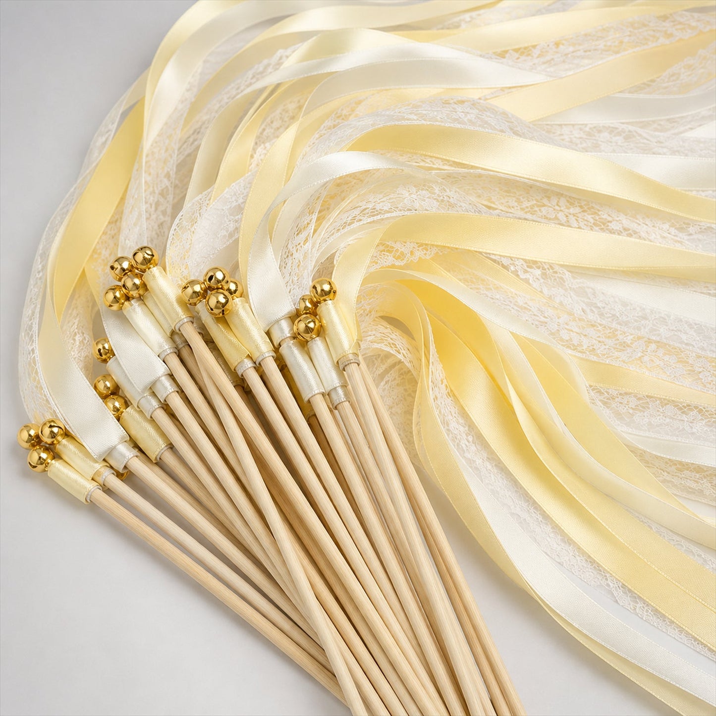 Handmade Butter Yellow & Ivory Satin & Lace Wedding Ribbon Wands with Bell