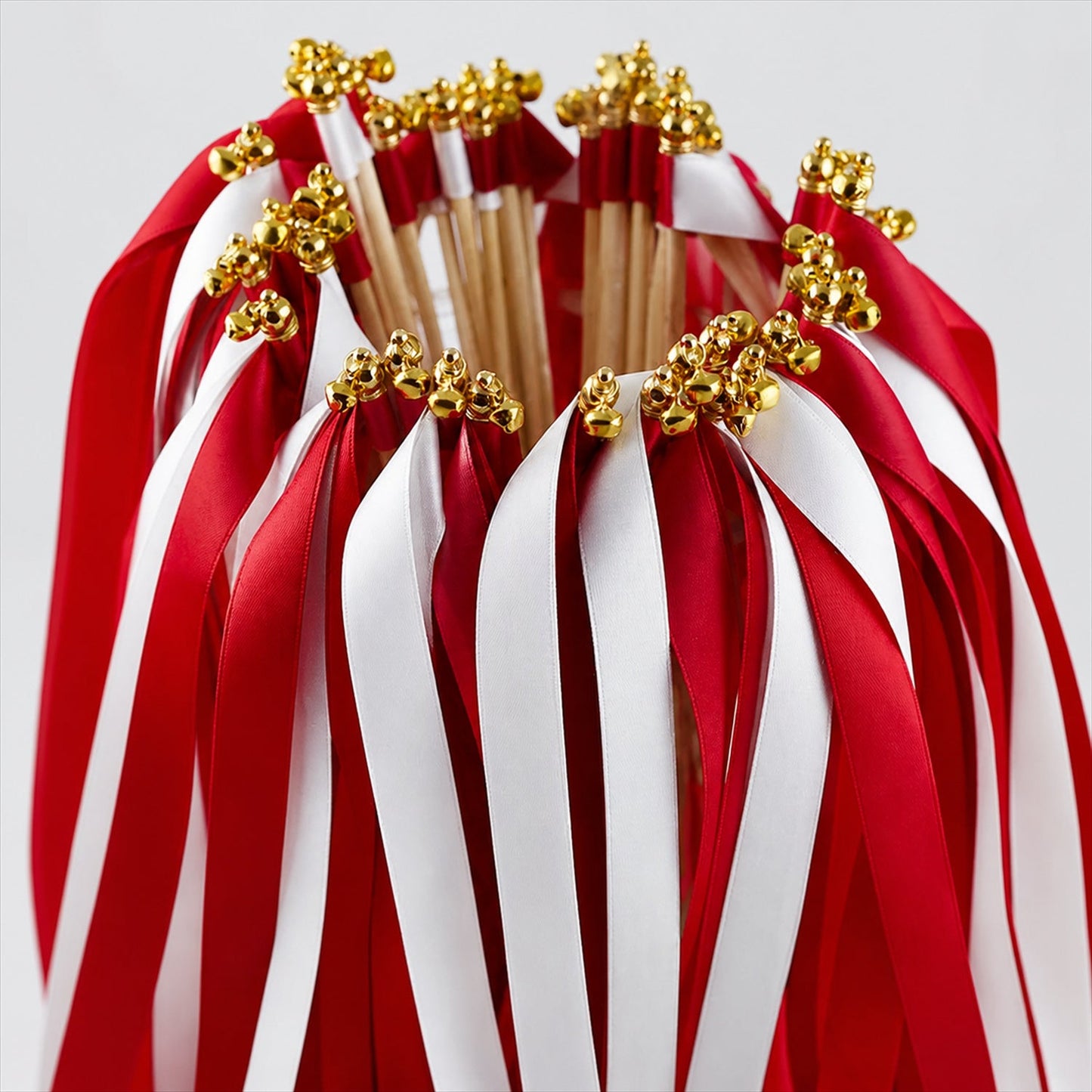 Handmade Red & White Satin Wedding Ribbon Wands with Bell