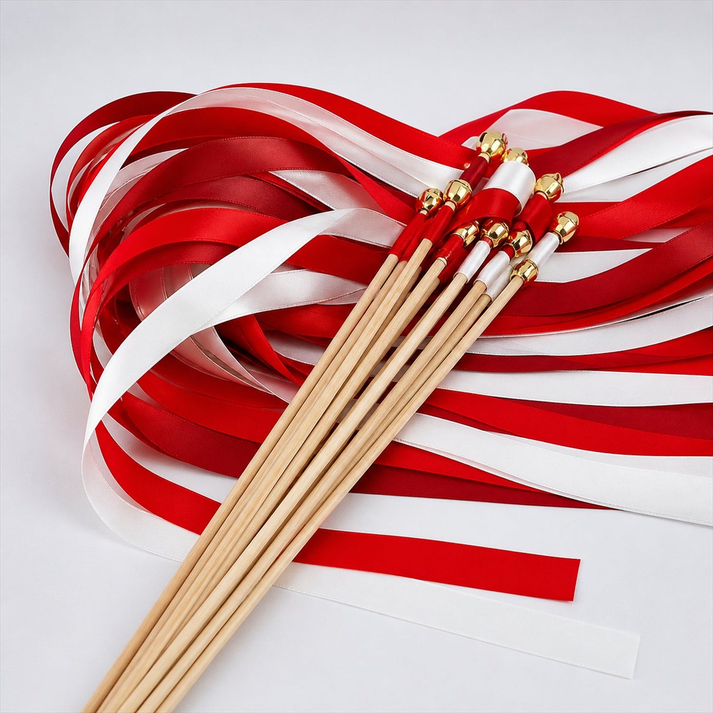 Handmade Red & White Satin Wedding Ribbon Wands with Bell