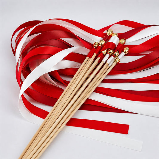 Handmade Red & White Satin Wedding Ribbon Wands with Bell
