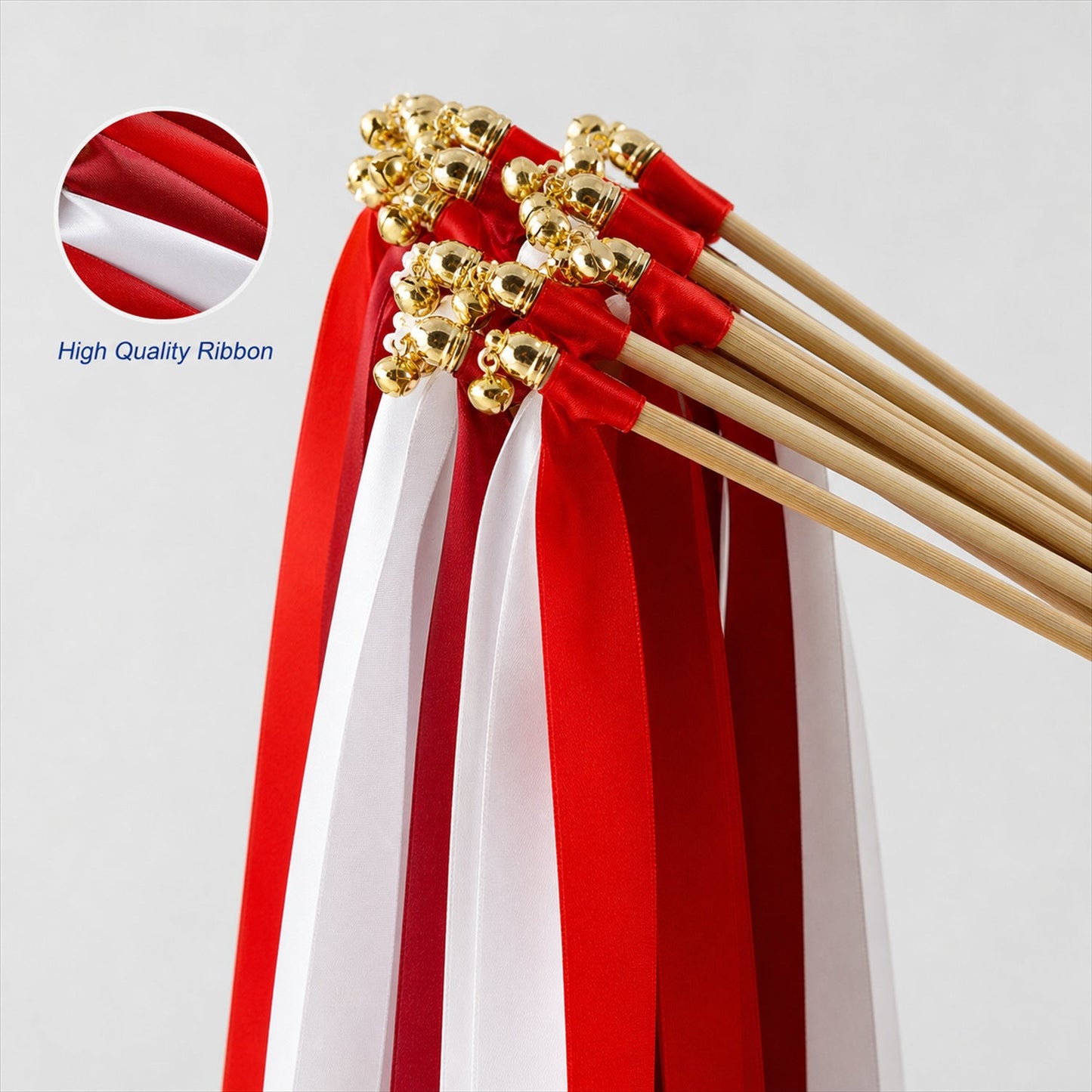 Handmade Red & White Satin Wedding Ribbon Wands with Bell