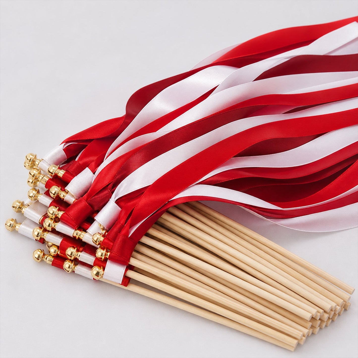 Handmade Red & White Satin Wedding Ribbon Wands with Bell