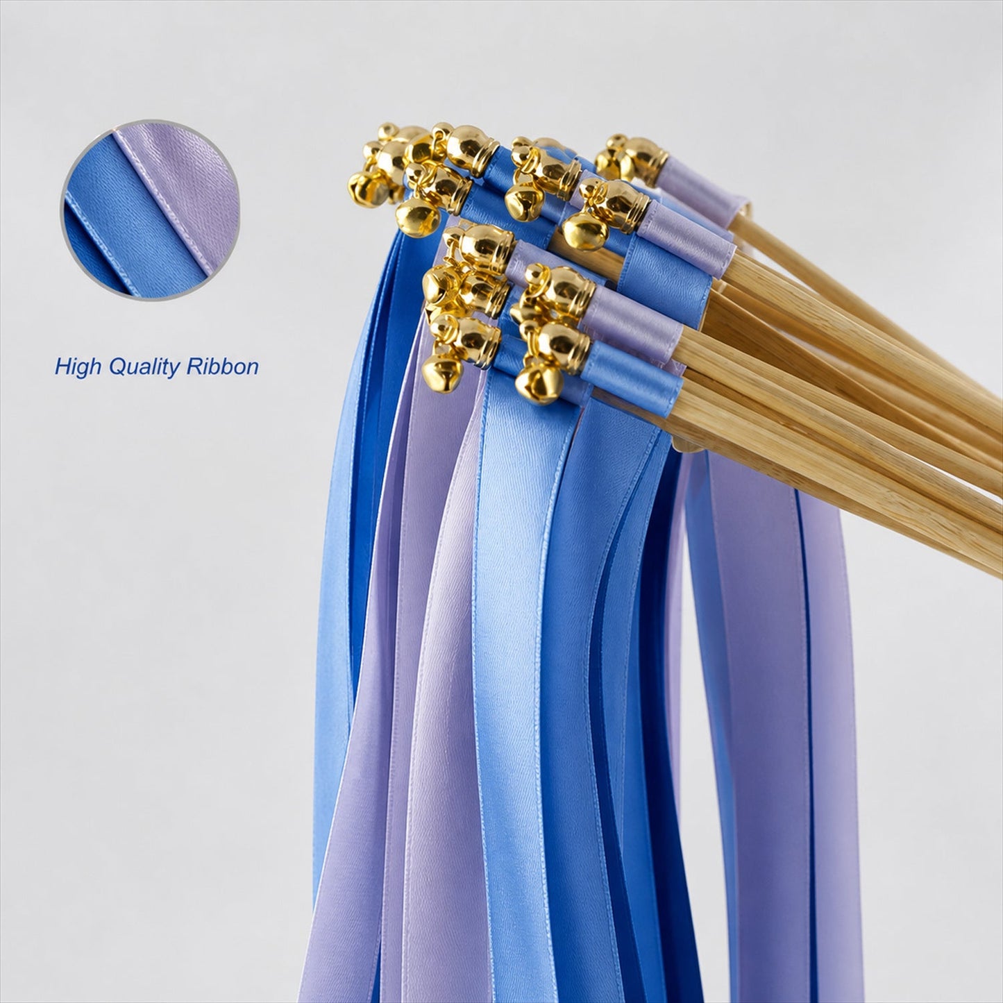 Handmade Royal Blue & Periwinkle Satin Wedding Ribbon Wands with Bell