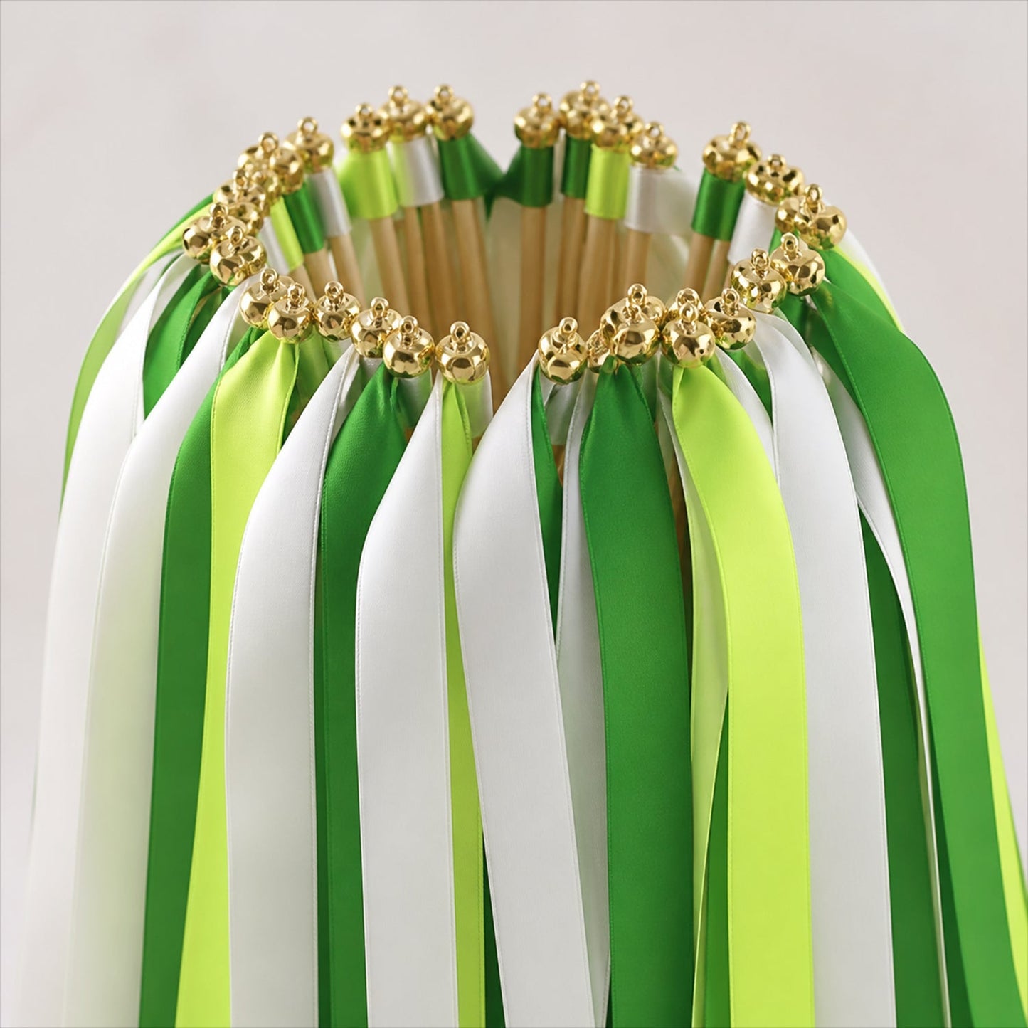 Handmade Emerald, Lime & White Satin Wedding Ribbon Wands with Bell