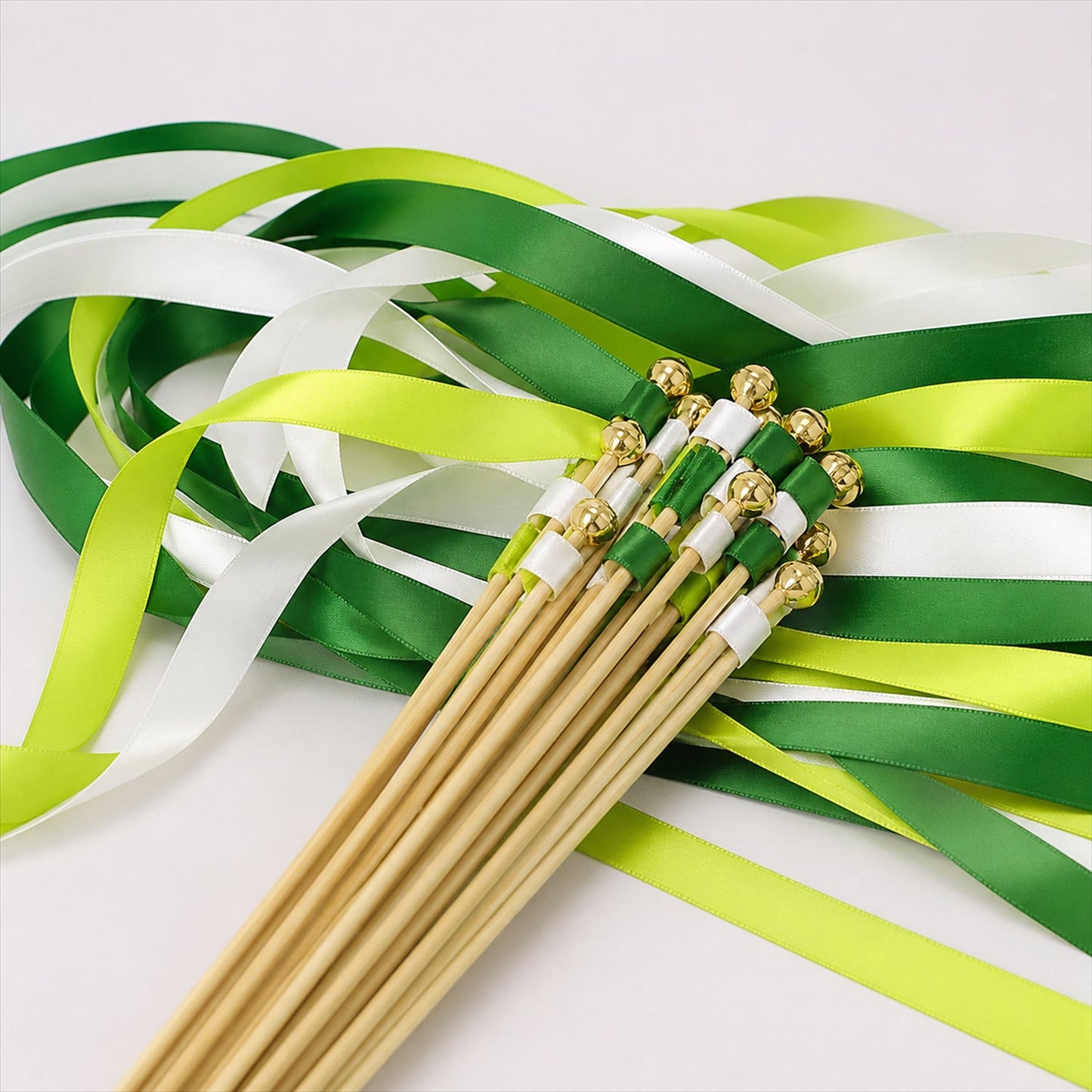 Handmade Emerald, Lime & White Satin Wedding Ribbon Wands with Bell