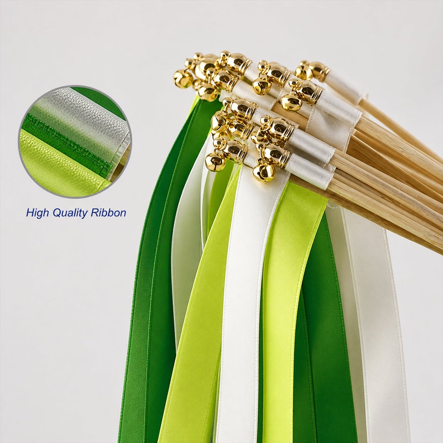 Handmade Emerald, Lime & White Satin Wedding Ribbon Wands with Bell