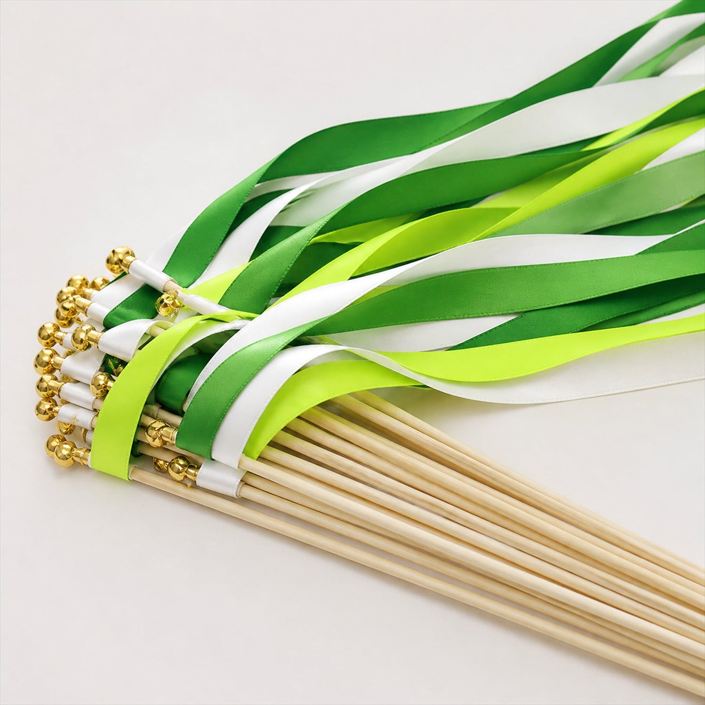 Handmade Emerald, Lime & White Satin Wedding Ribbon Wands with Bell