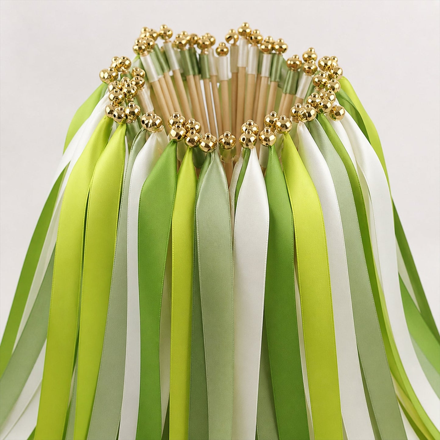 Handmade Lime, Leaf Green, Sage & Ivory Satin Wedding Ribbon Wands with Bell