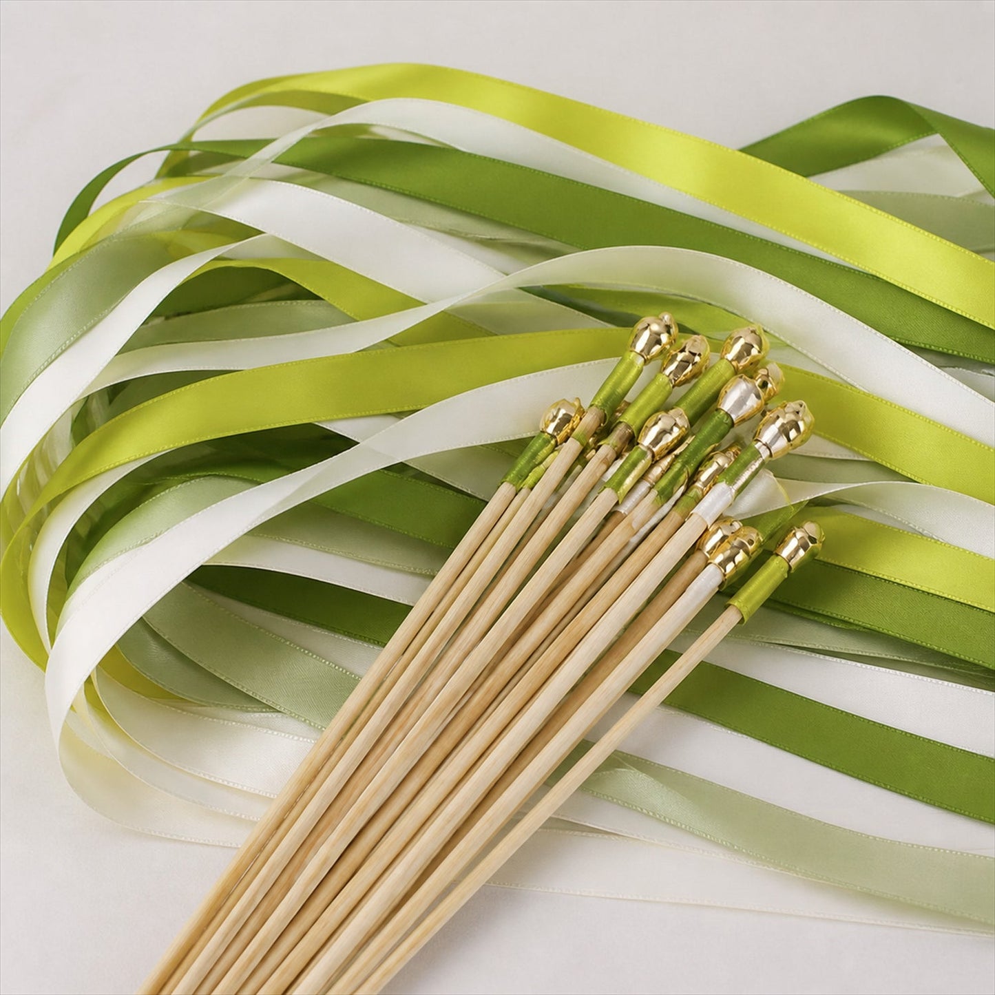Handmade Lime, Leaf Green, Sage & Ivory Satin Wedding Ribbon Wands with Bell