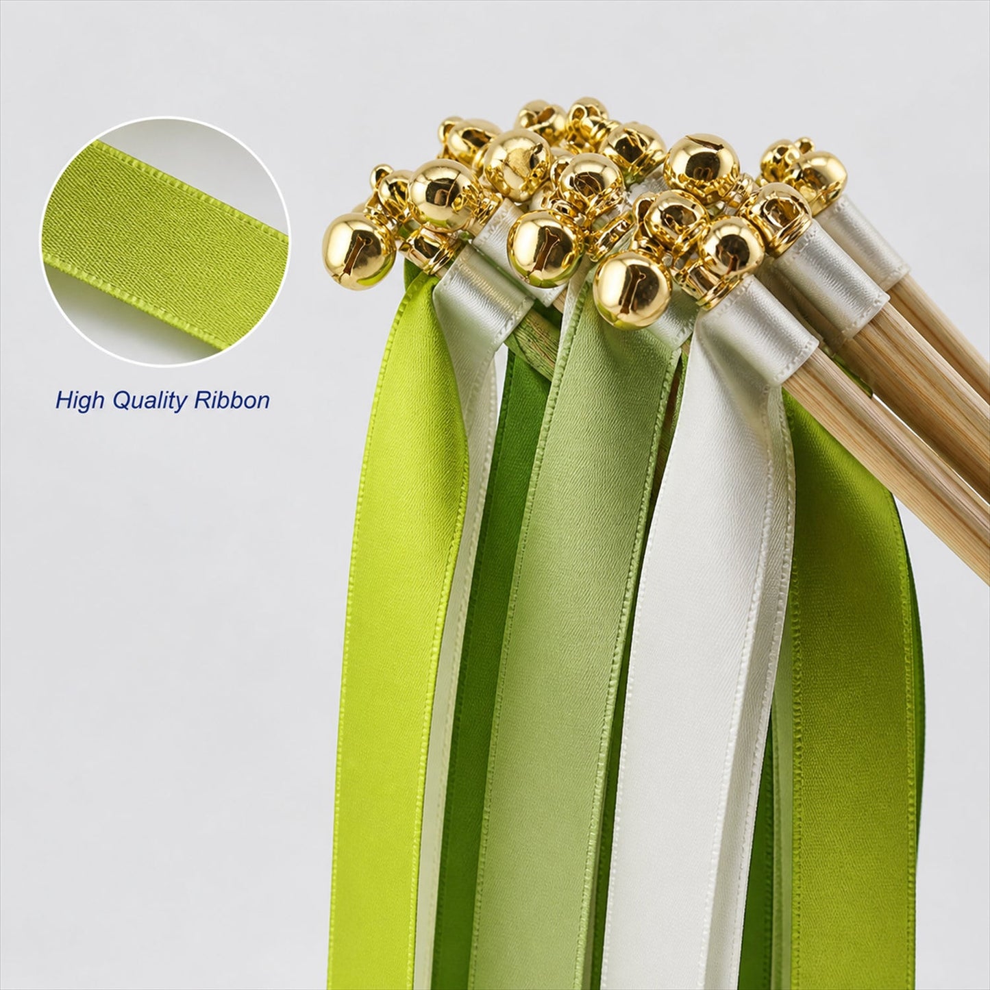 Handmade Lime, Leaf Green, Sage & Ivory Satin Wedding Ribbon Wands with Bell