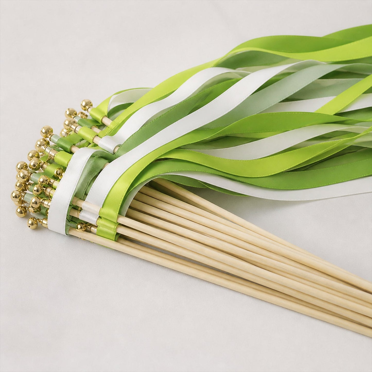 Handmade Lime, Leaf Green, Sage & Ivory Satin Wedding Ribbon Wands with Bell
