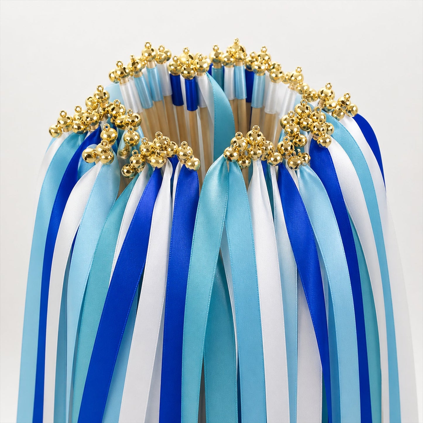 Handmade Aqua, Sky Blue, Royal Blue & White Satin Wedding Ribbon Wands with Bell
