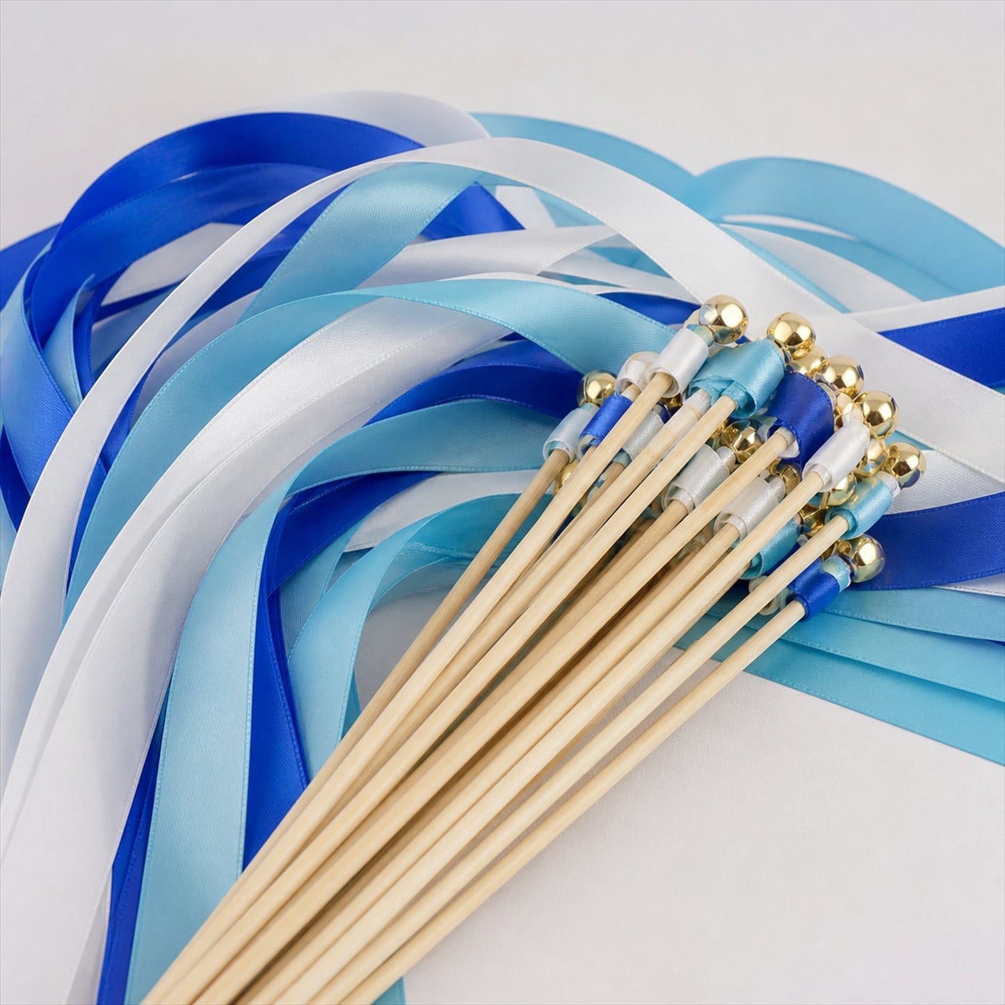 Handmade Aqua, Sky Blue, Royal Blue & White Satin Wedding Ribbon Wands with Bell