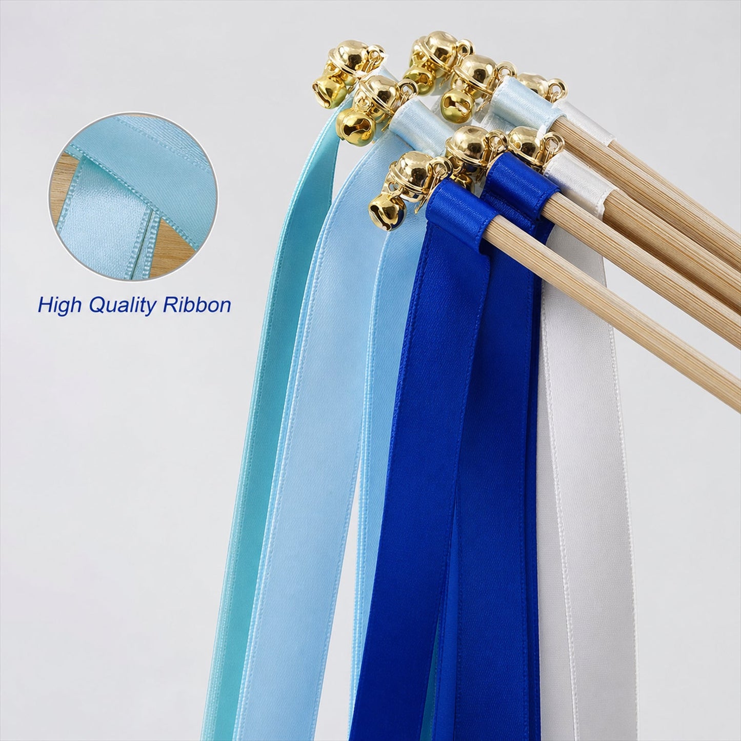 Handmade Aqua, Sky Blue, Royal Blue & White Satin Wedding Ribbon Wands with Bell