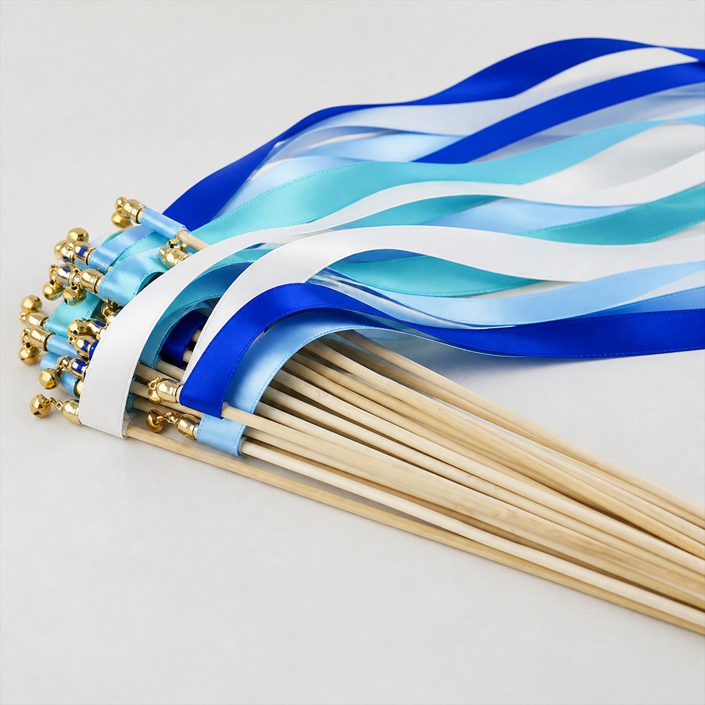 Handmade Aqua, Sky Blue, Royal Blue & White Satin Wedding Ribbon Wands with Bell