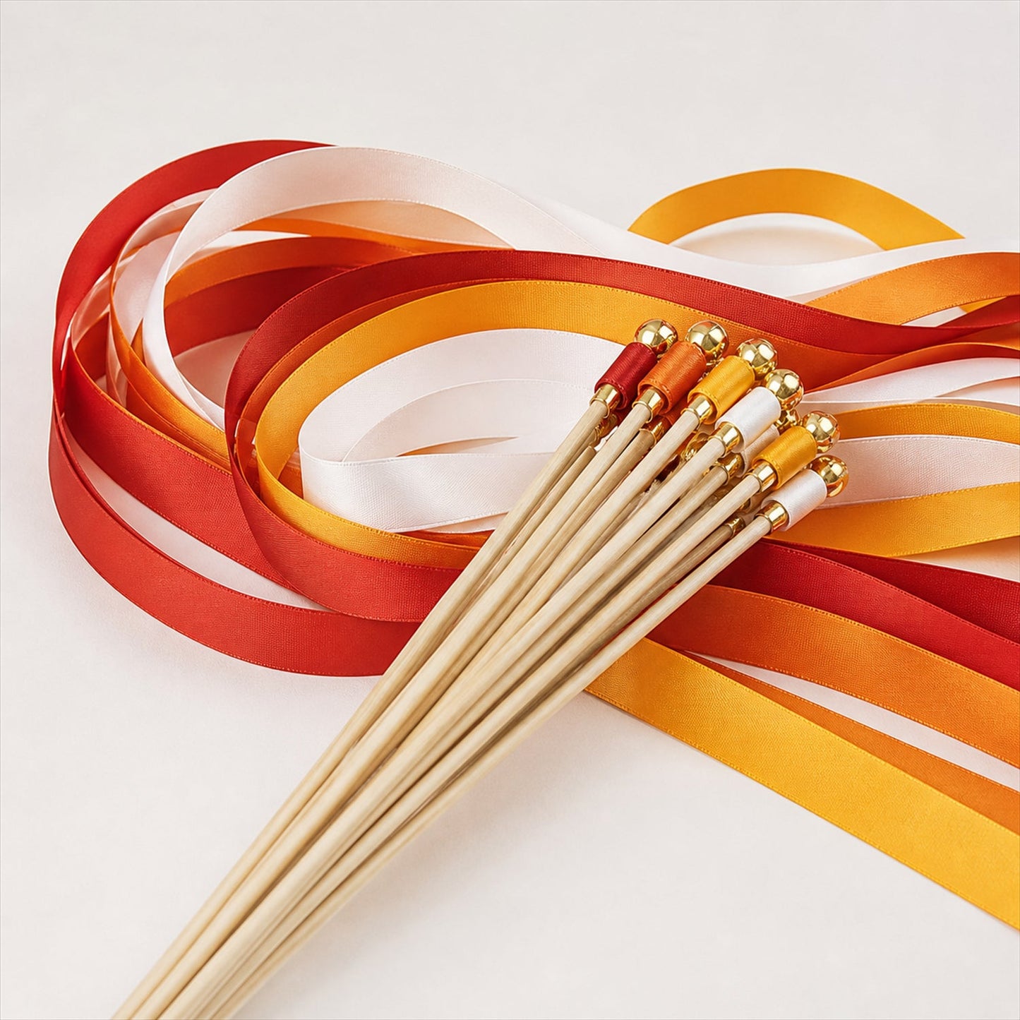 Handmade Brick Red, Orange & Ivory Satin Wedding Ribbon Wands with Bell