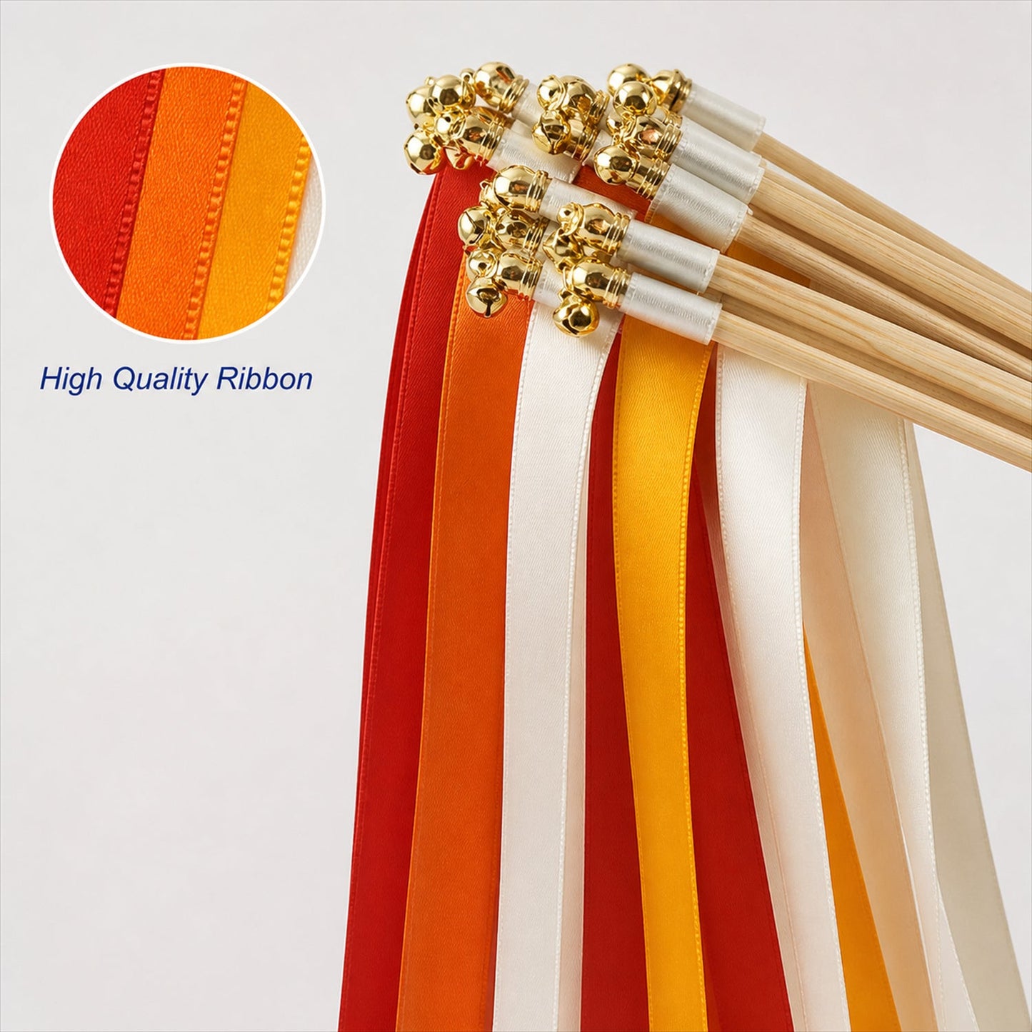Handmade Brick Red, Orange & Ivory Satin Wedding Ribbon Wands with Bell