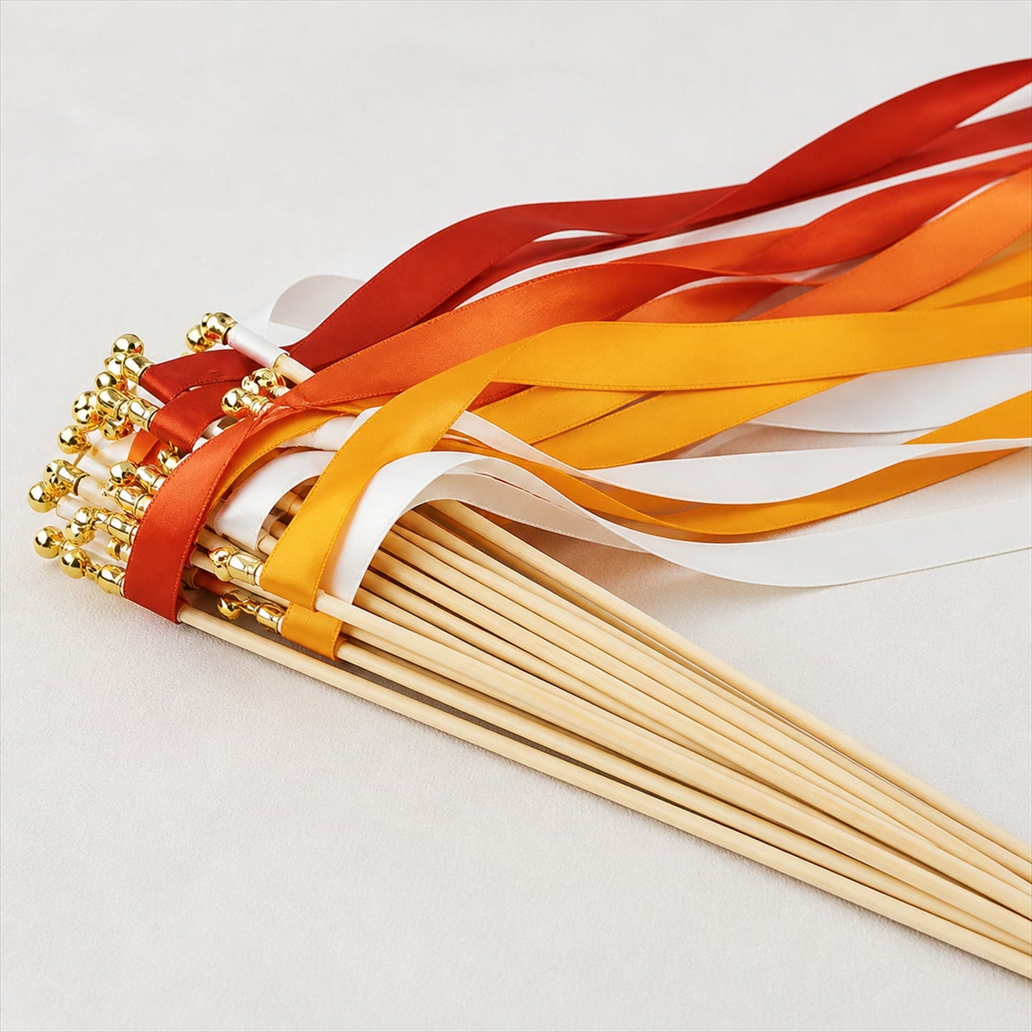 Handmade Brick Red, Orange & Ivory Satin Wedding Ribbon Wands with Bell