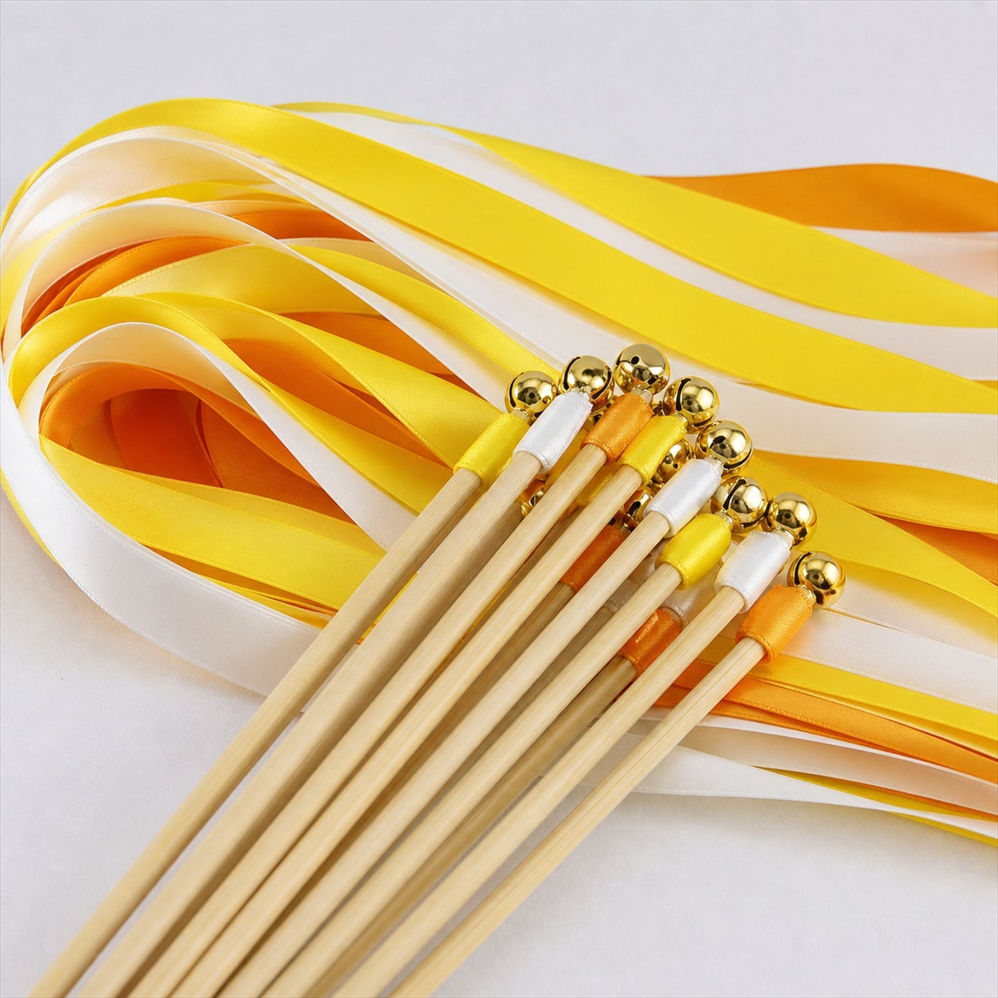 Handmade Lemon Yellow, Orange & Ivory Satin Wedding Ribbon Wands with Bell