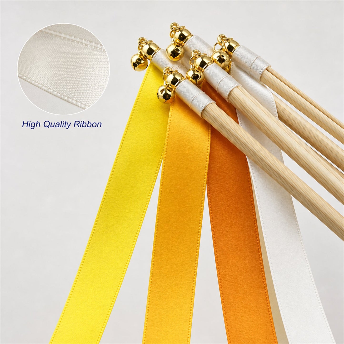 Handmade Lemon Yellow, Orange & Ivory Satin Wedding Ribbon Wands with Bell