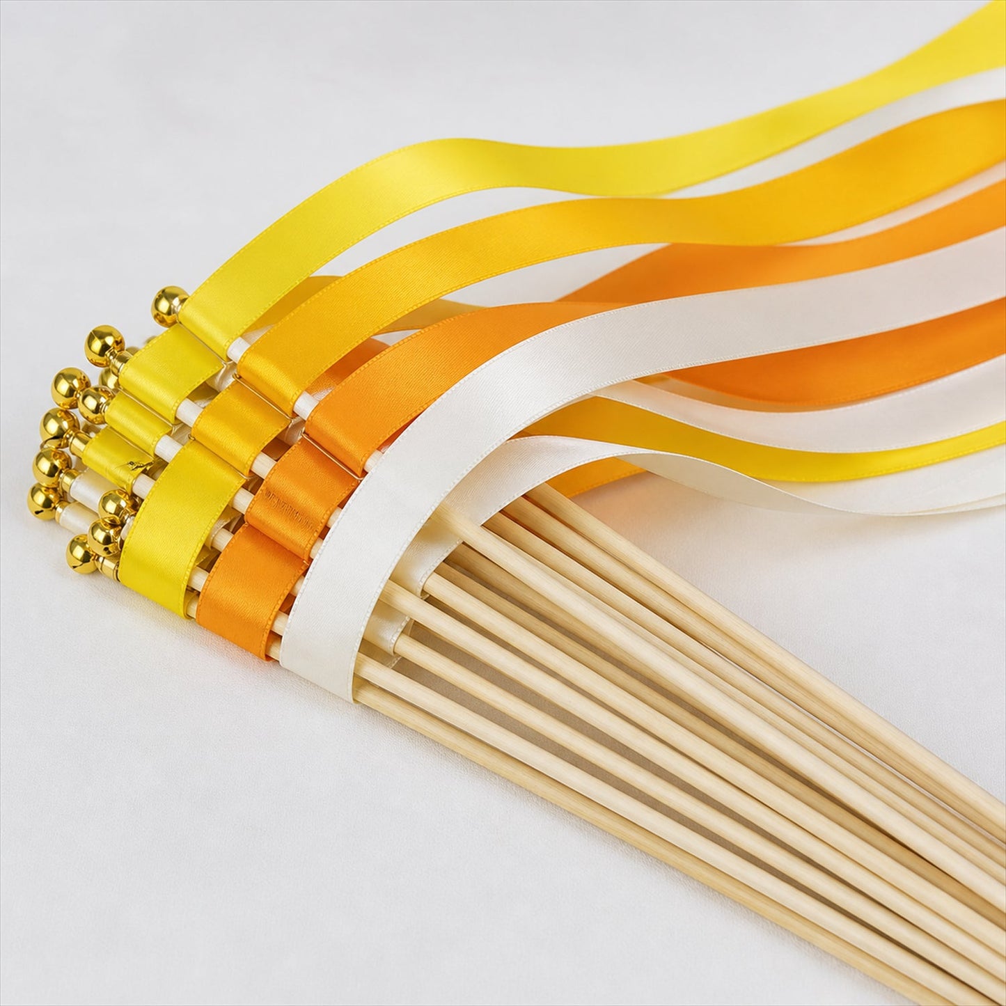 Handmade Lemon Yellow, Orange & Ivory Satin Wedding Ribbon Wands with Bell