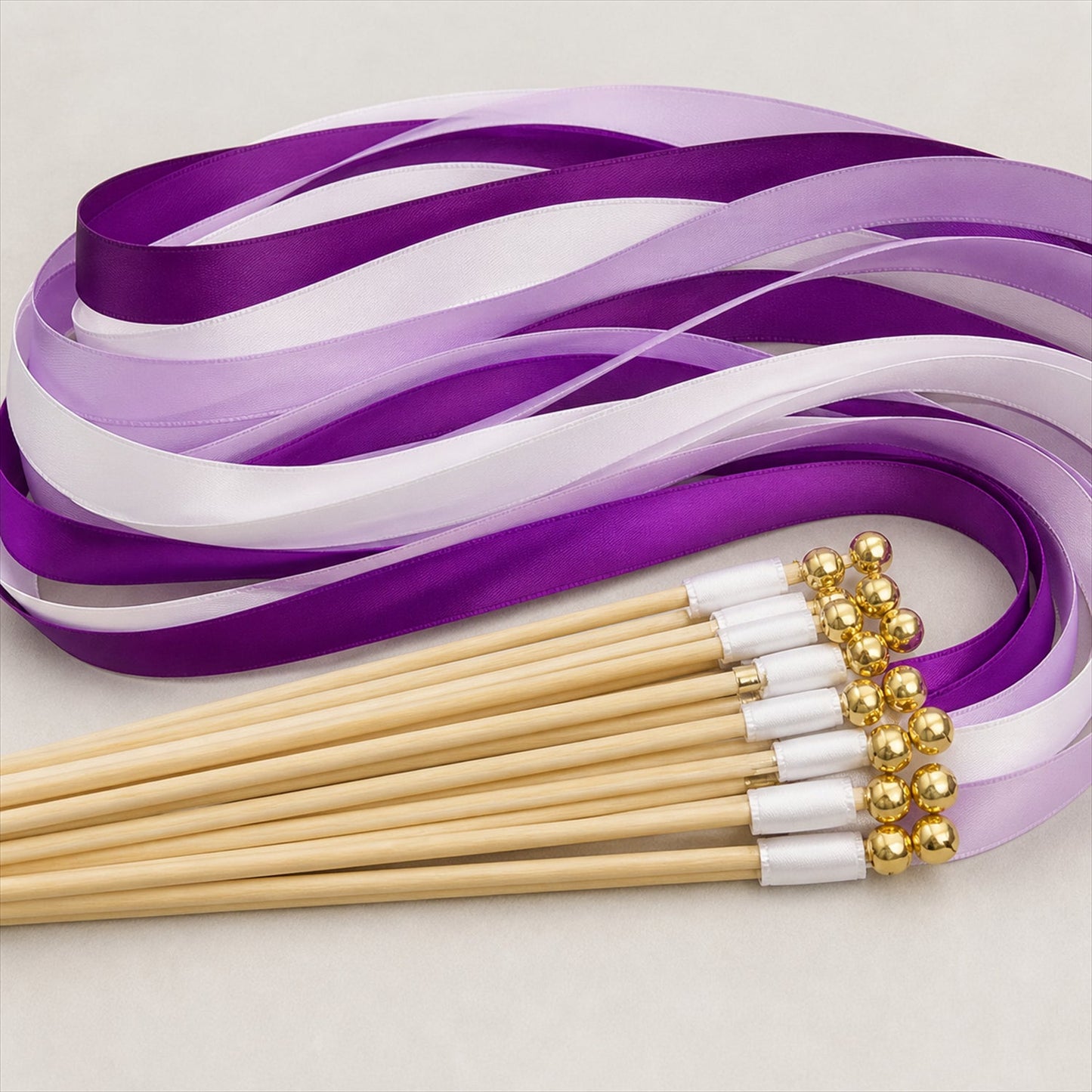 Handmade Plum, Purple, Lavender & White Satin Wedding Ribbon Wands with Bell