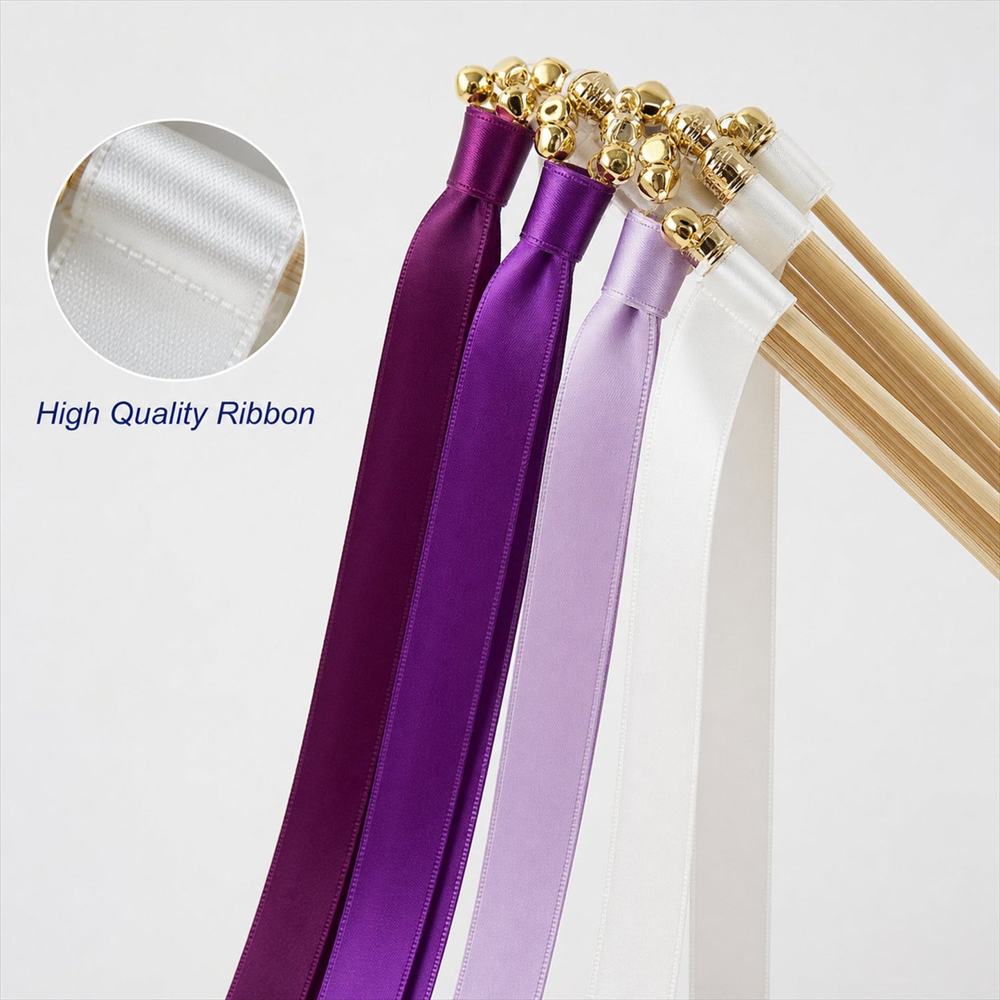 Handmade Plum, Purple, Lavender & White Satin Wedding Ribbon Wands with Bell