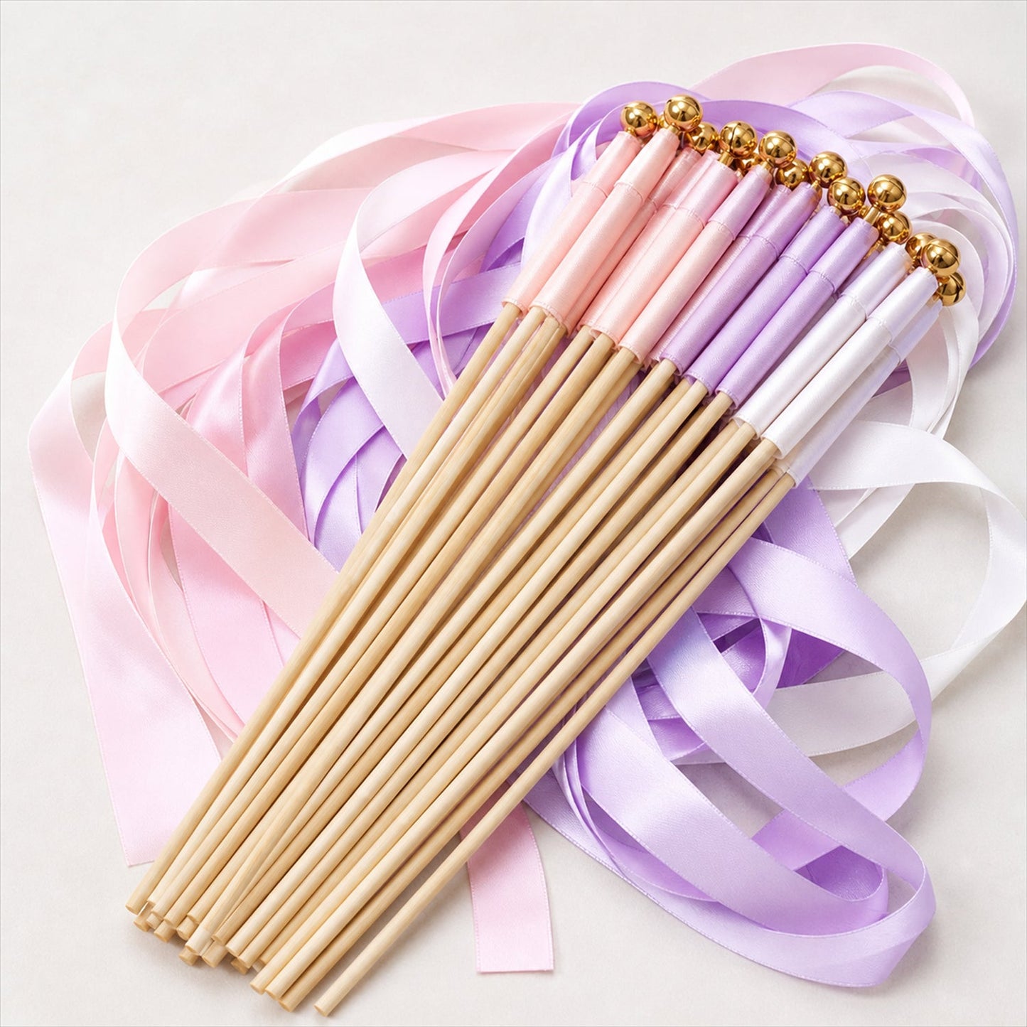 Handmade Blush Pink, Lilac & White Satin Wedding Ribbon Wands with Bell