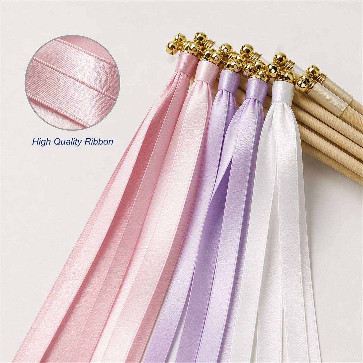 Handmade Blush Pink, Lilac & White Satin Wedding Ribbon Wands with Bell