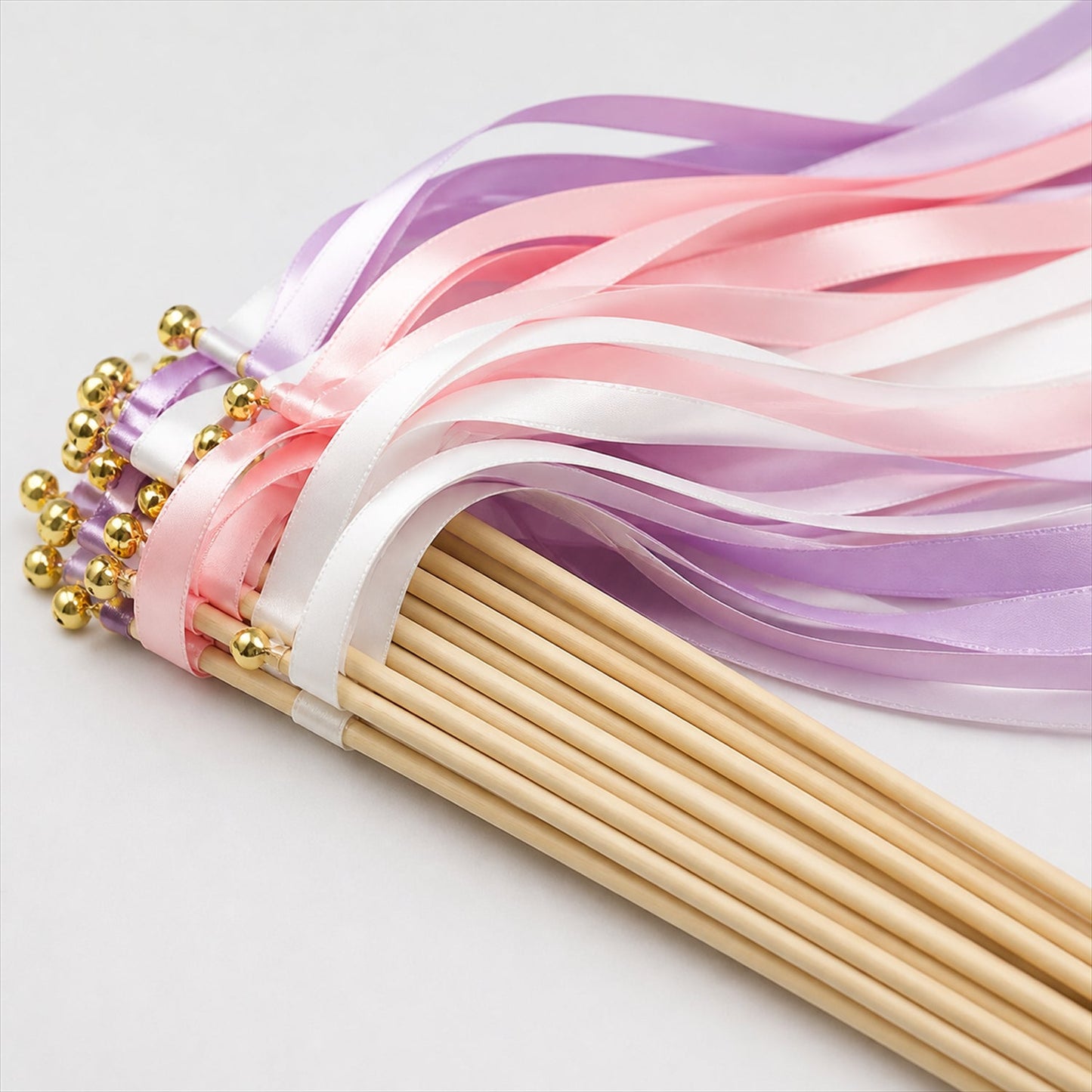 Handmade Blush Pink, Lilac & White Satin Wedding Ribbon Wands with Bell
