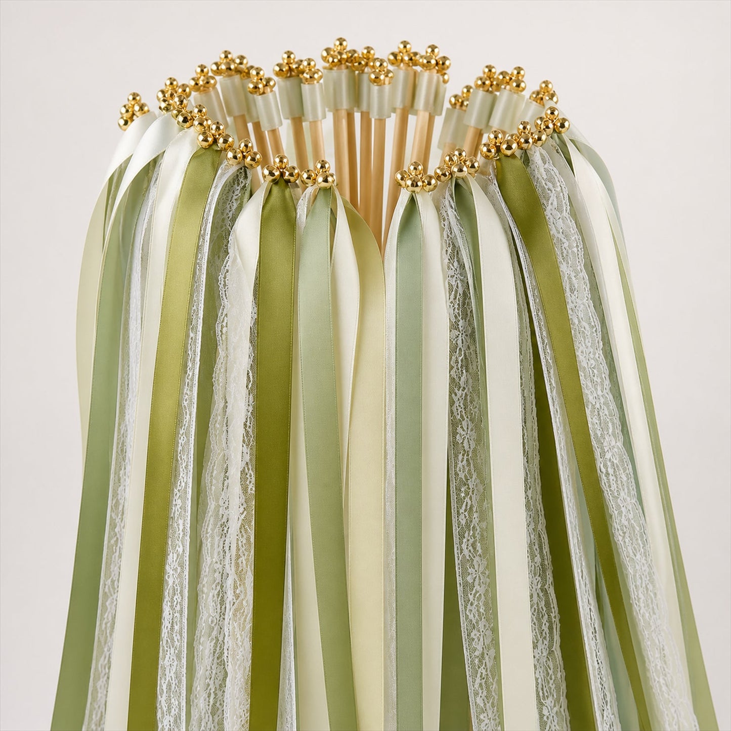 Handmade Olive, Sage, Ivory & White Satin & Lace Wedding Ribbon Wands with Bell